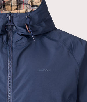 Barbour Hooded Domus Jacket in NY73 Navy Dress Logo Detail shot at EQVVS