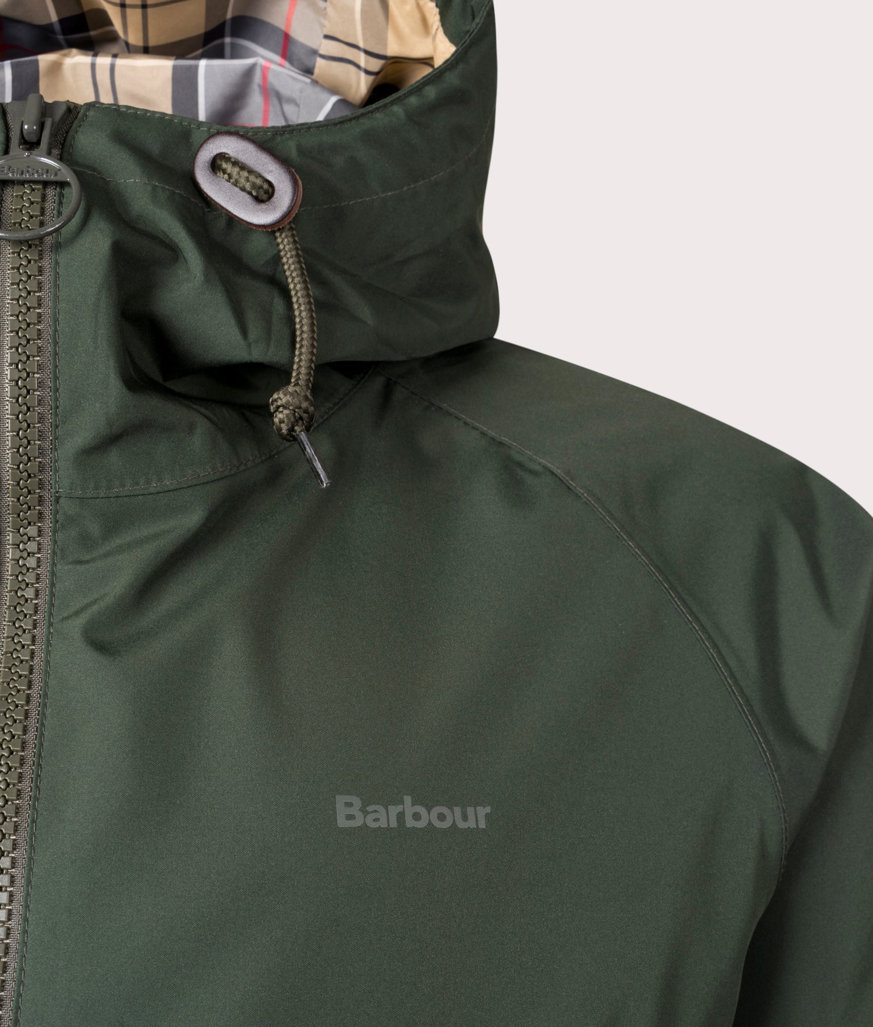 Hooded Domus Jacket in Sage Dress by Barbour. EQVVS Detail Shot.
