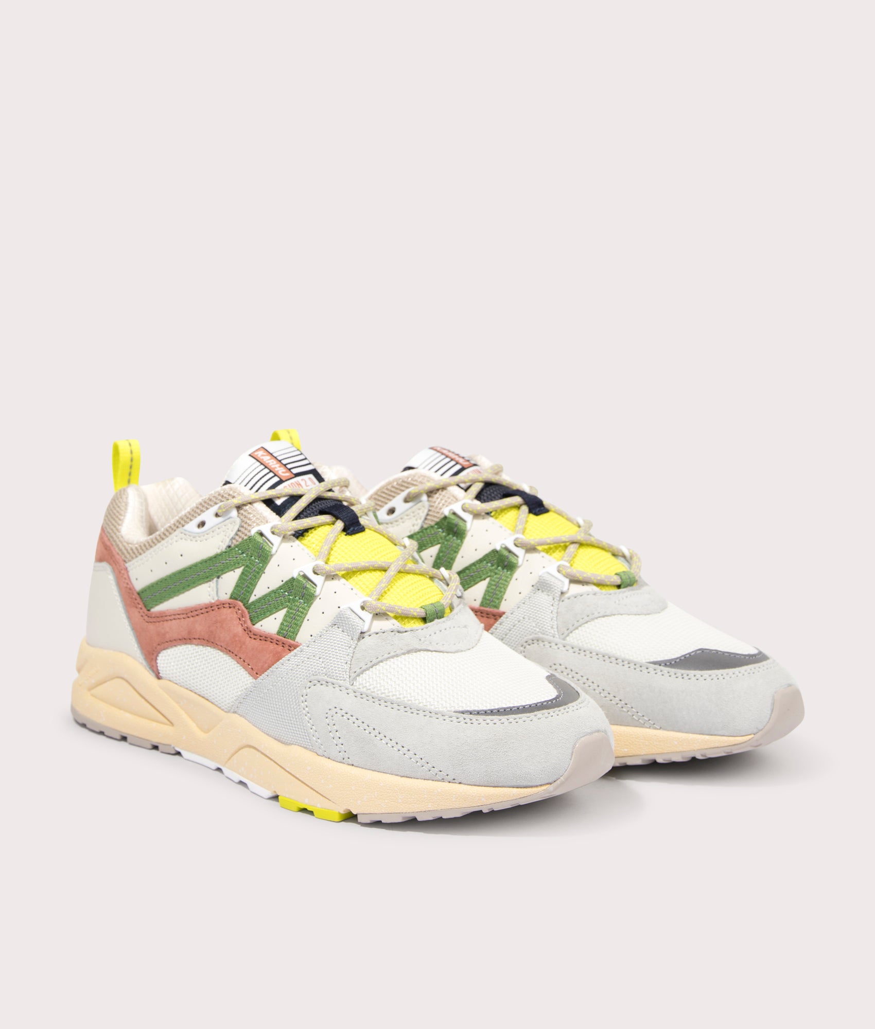 Fusion 2.0 Sneakers in Lily White/ Piquante Green by Karhu. EQVVS Side Pair Shot.