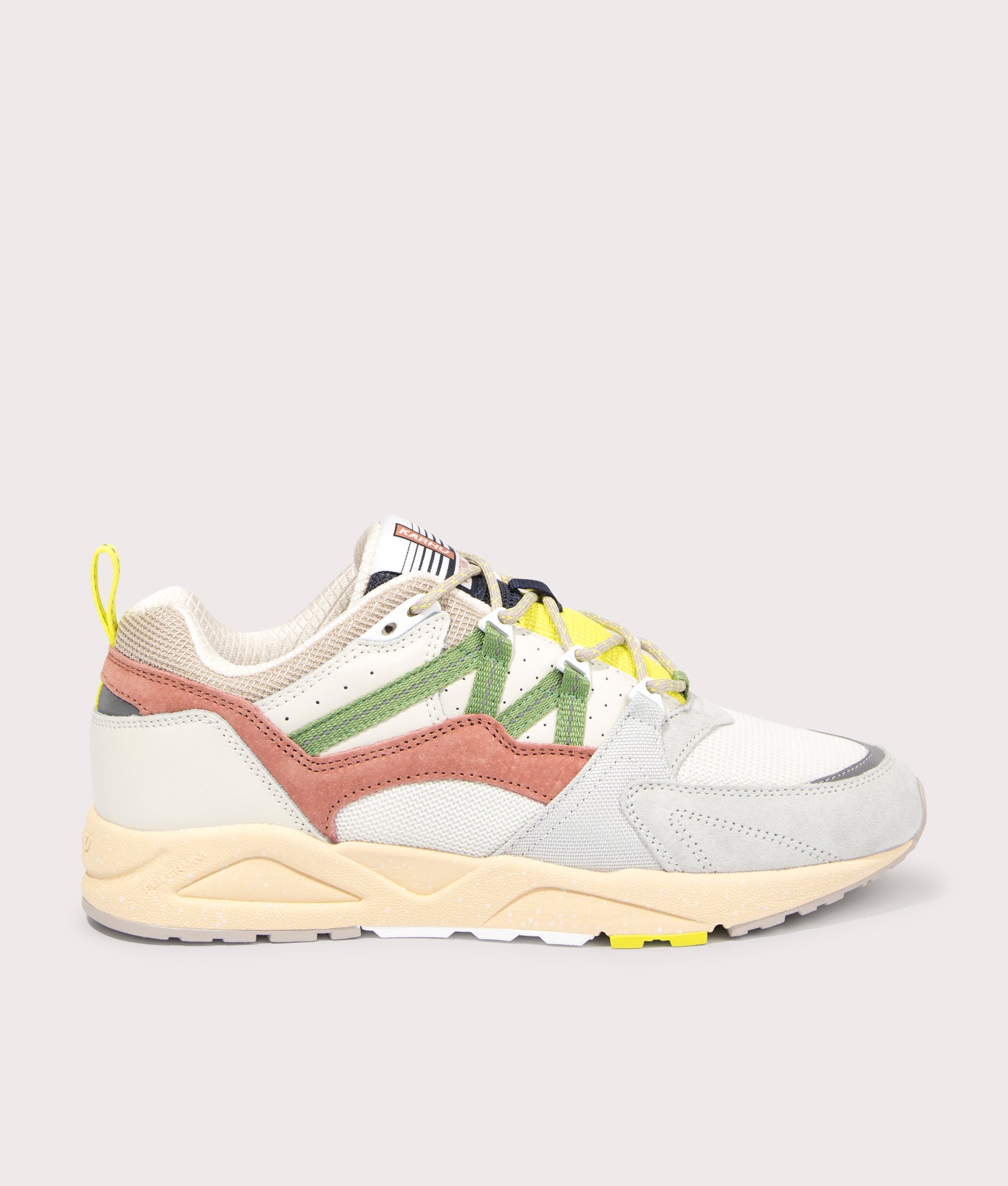 Fusion 2.0 Sneakers in Lily White/ Piquante Green by Karhu. EQVVS Side Angle Shot.