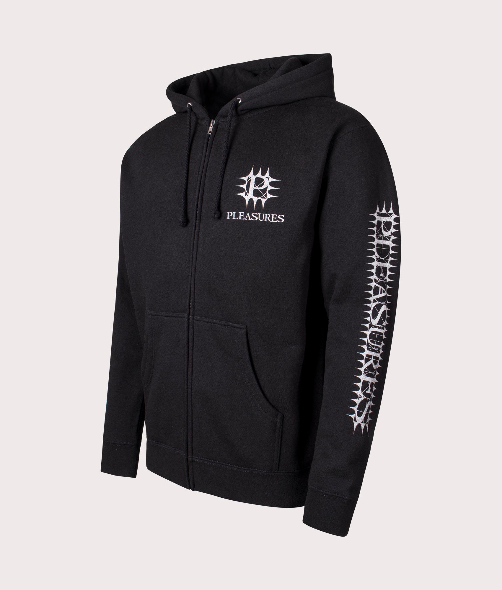 PLEASURES Spike Zip Through Hoodie in Black. At EQVSS Menswear. Front left angle shot