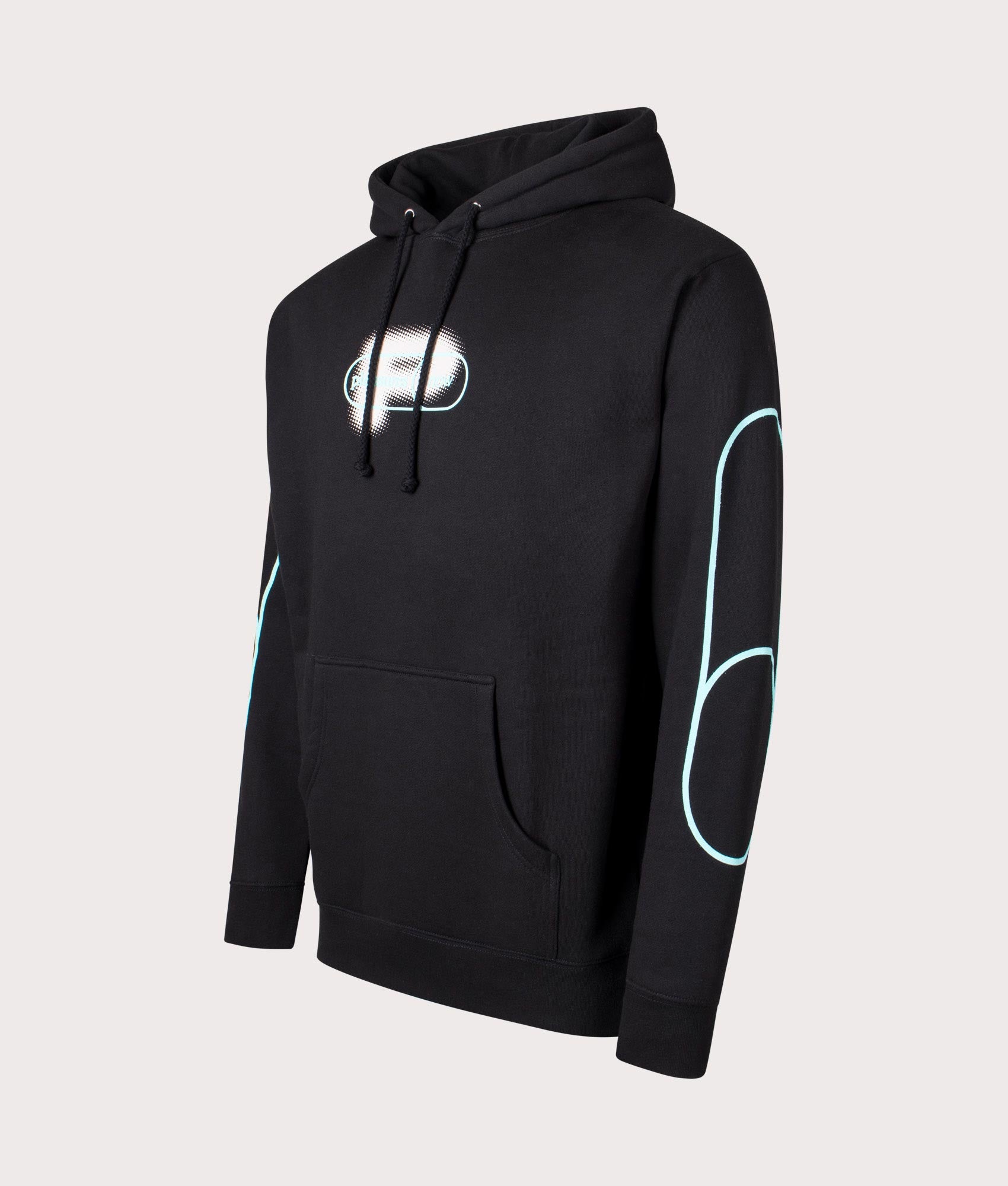 PLEASURES Pixel P Hoodie in Black. At EQVVS Menswear. Front side angle shot
