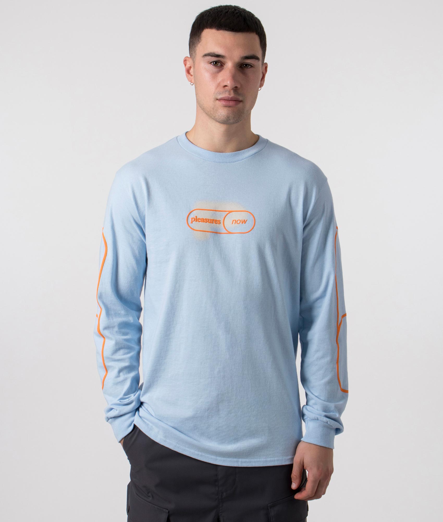 Pixel P Long Sleeve Top in Light Blue by Pleasures. EQVVS Menswear Front Model Shot