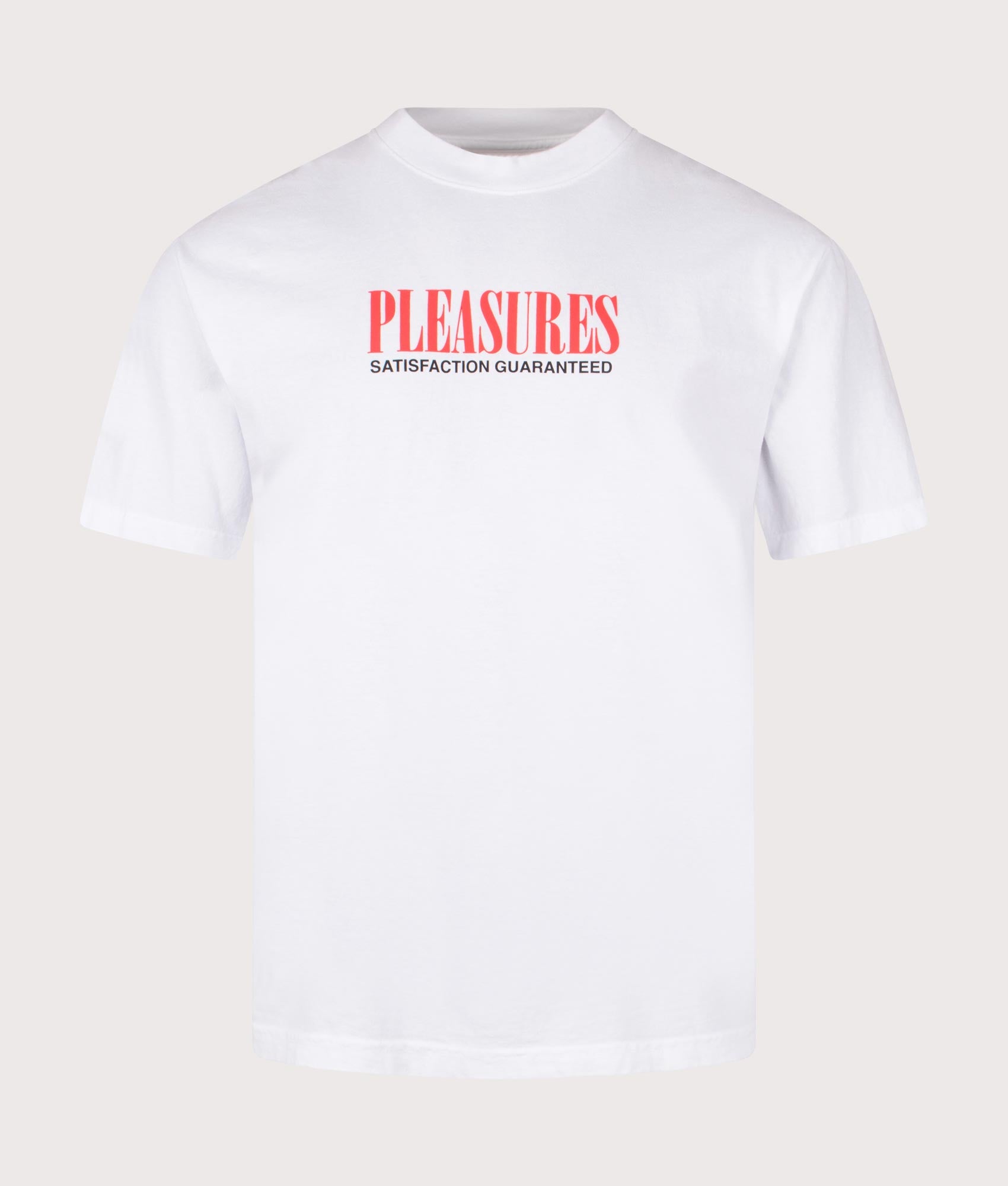 Pleasures Satisfaction T-Shirt in White. Shot at EQVVS.  Front shot.