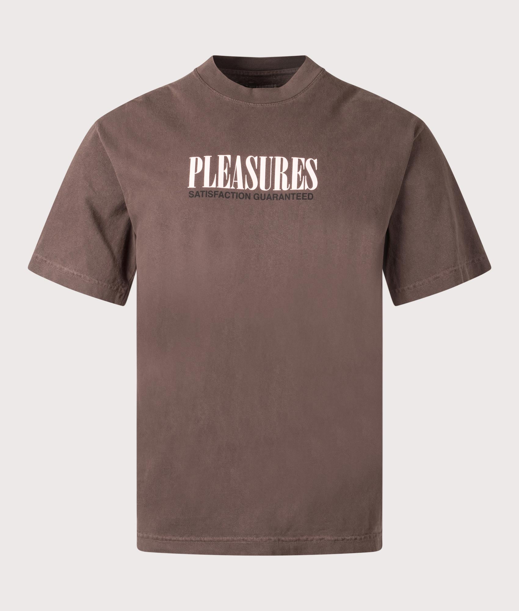 Pleasures Satisfaction T-Shirt in Brown. Shot at EQVVS.  Front shot.