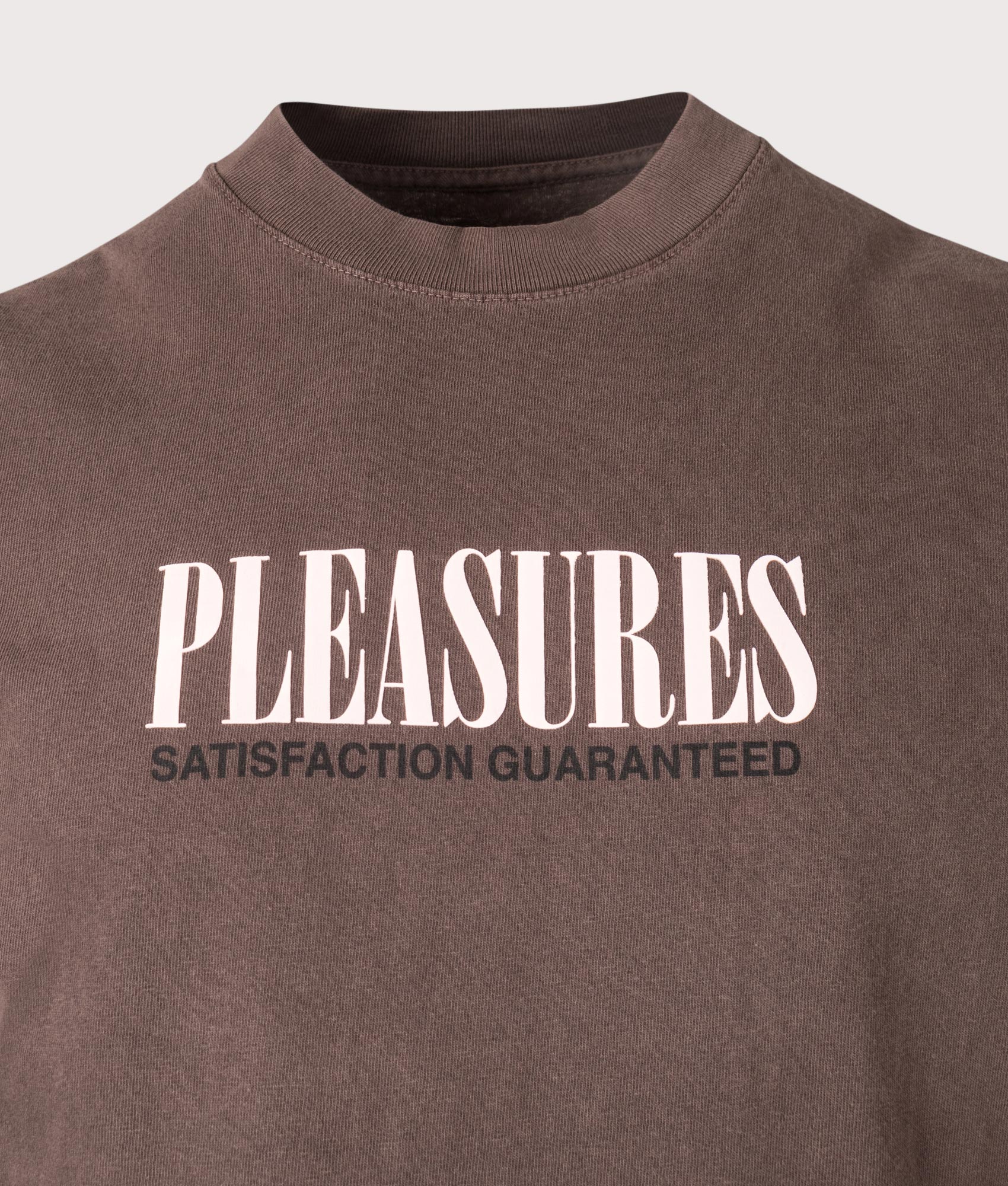 Pleasures Satisfaction T-Shirt in Brown. Shot at EQVVS.  Detail shot.