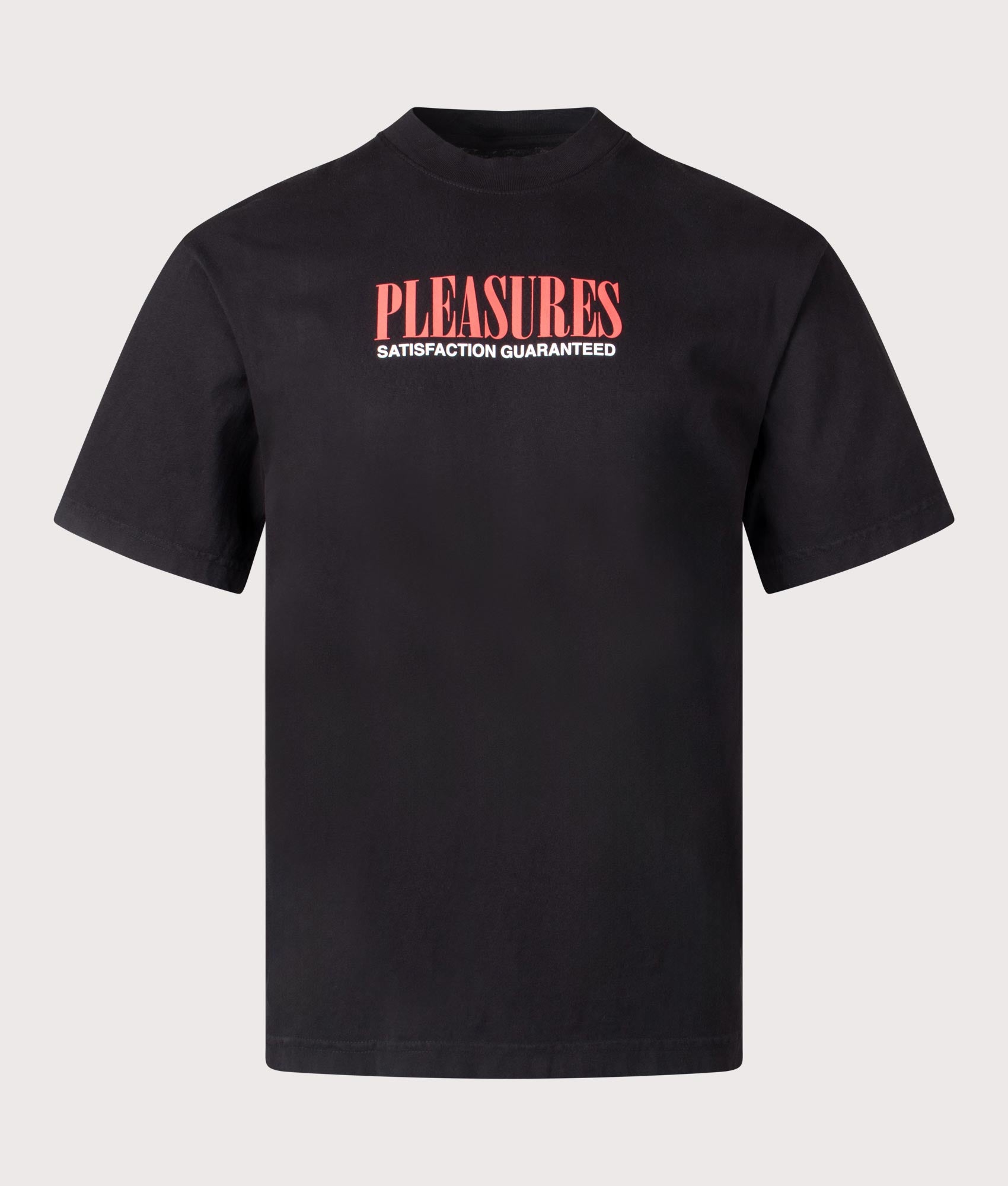Pleasures Satisfaction T-Shirt in Black. Shot at EQVVS.  Front shot.