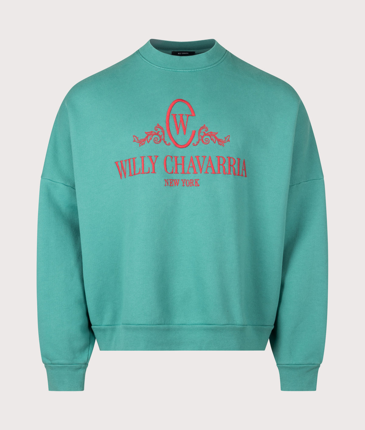 Willy Chavarria Super Oversized Chavantino Hooligan Sweatshirt in Prouve Green at EQVVS Menswear. Front shot.