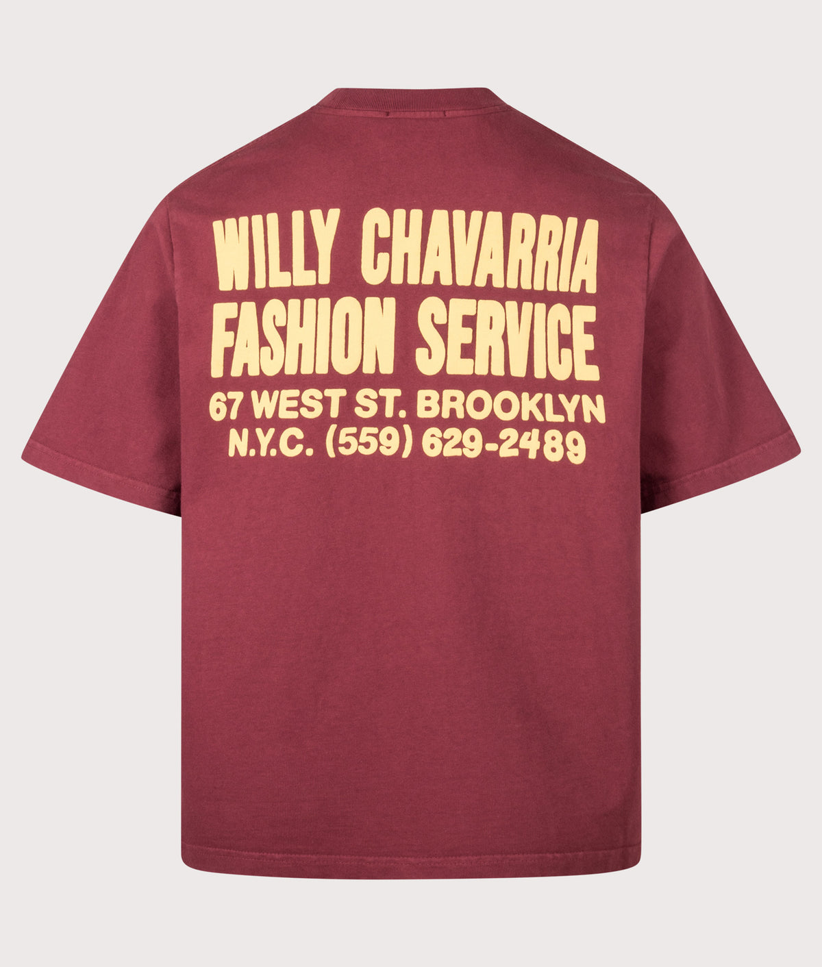 Willy Chavarria Relaxed Fit Willy Chavarria Fashion Services Standard T-Shirt in Bordeaux at EQVVS Menswear. Back shot.