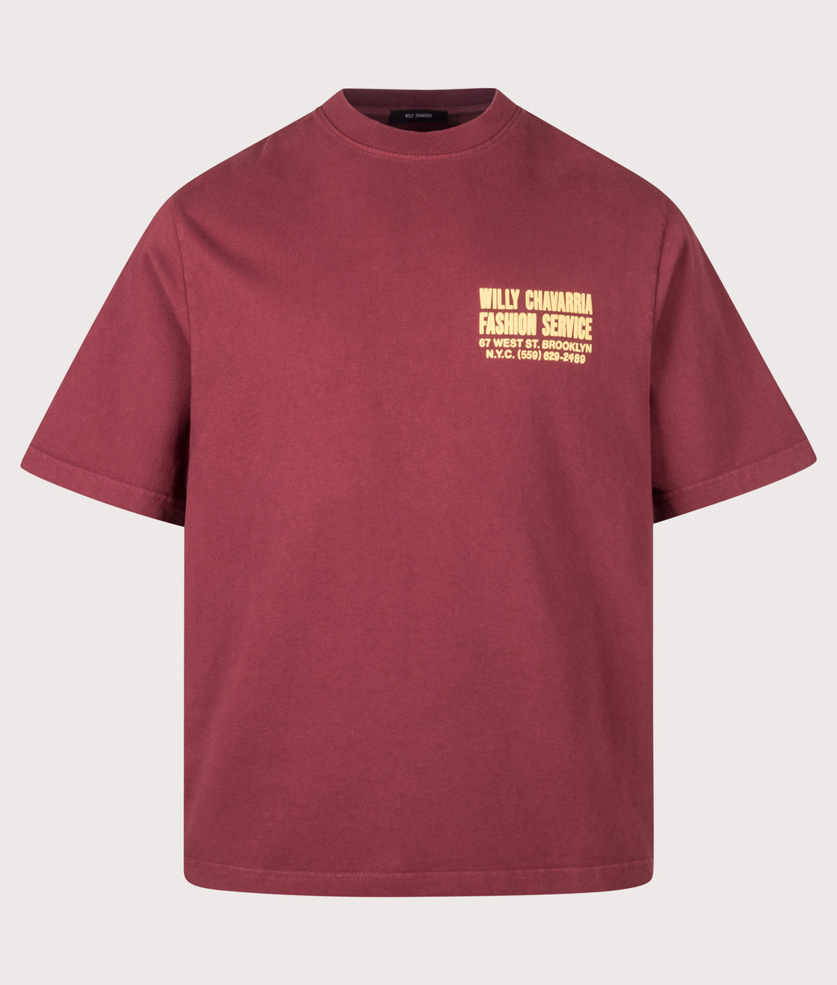 Willy Chavarria Relaxed Fit Willy Chavarria Fashion Services Standard T-Shirt in Bordeaux at EQVVS Menswear. Front shot.
