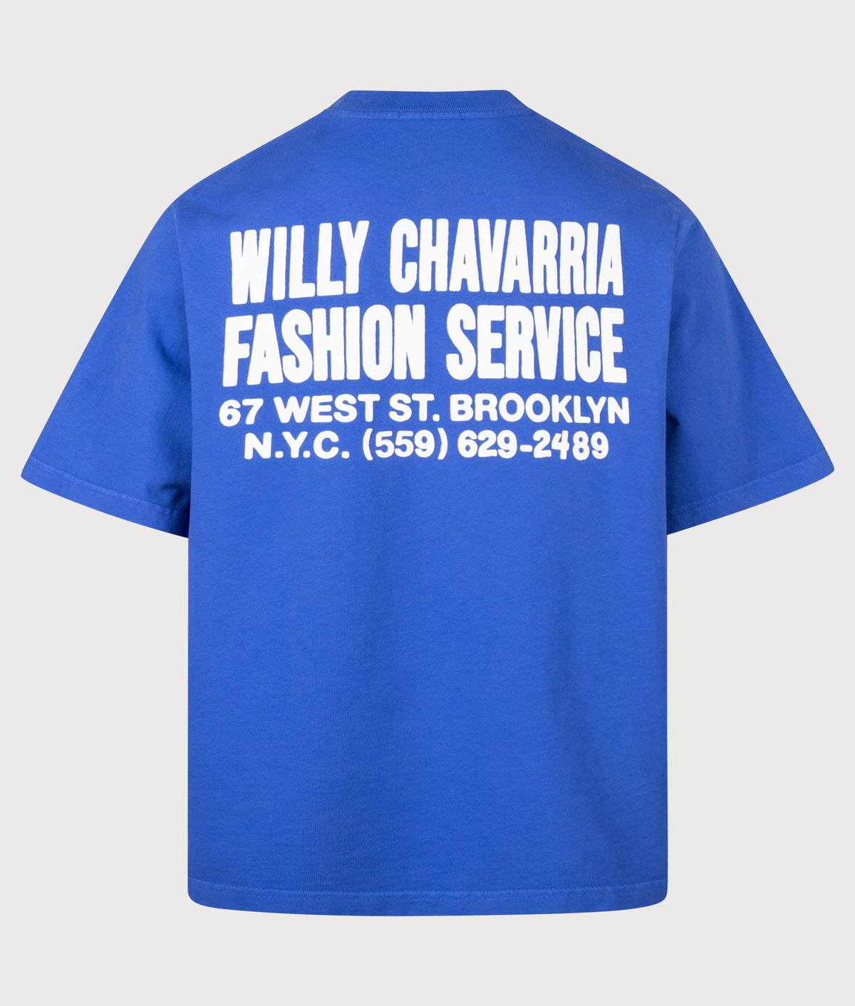 Willy Chavarria Relaxed Fit Willy Chavarria Fashion Services Standard T-Shirt in Royal Blue at EQVVS Menswear. Front shot.