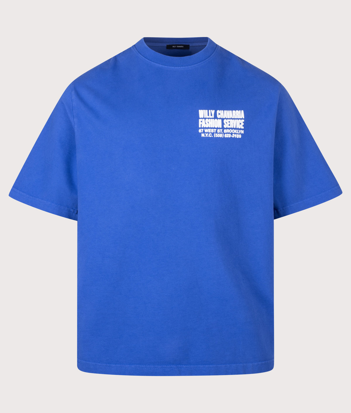 Willy Chavarria Relaxed Fit Willy Chavarria Fashion Services Standard T-Shirt in Royal Blue at EQVVS Menswear. Front shot.