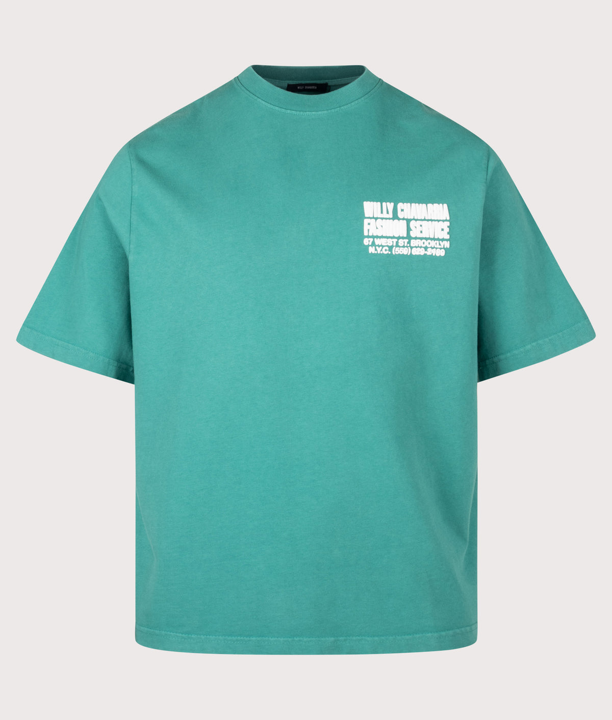 Willy Chavarria Relaxed Fit Willy Chavarria Fashion Services Standard T-Shirt in Prouve Green at EQVVS Menswear. Front shot.