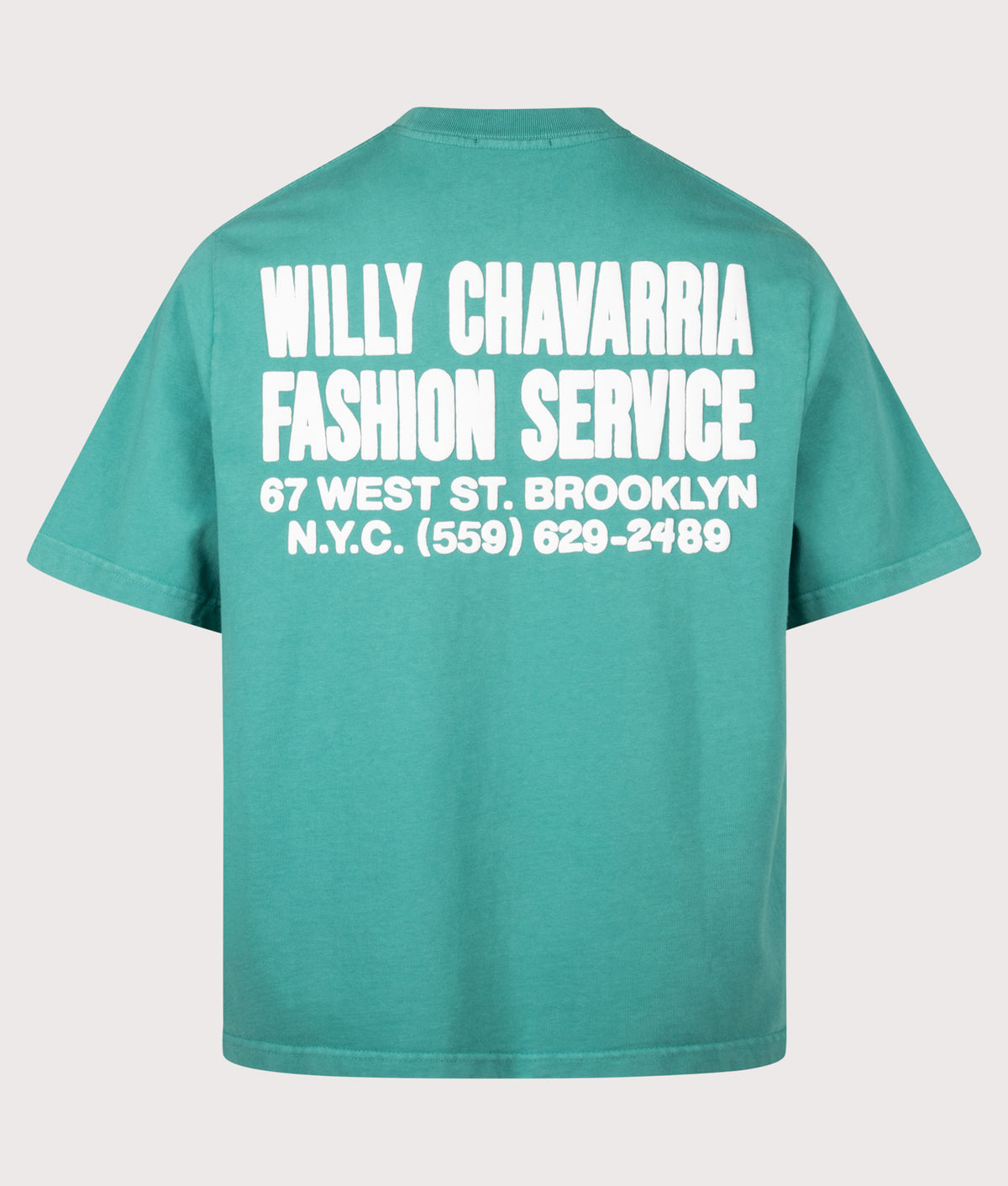 Willy Chavarria Relaxed Fit Willy Chavarria Fashion Services Standard T-Shirt in Prouve Green at EQVVS Menswear. Back shot.