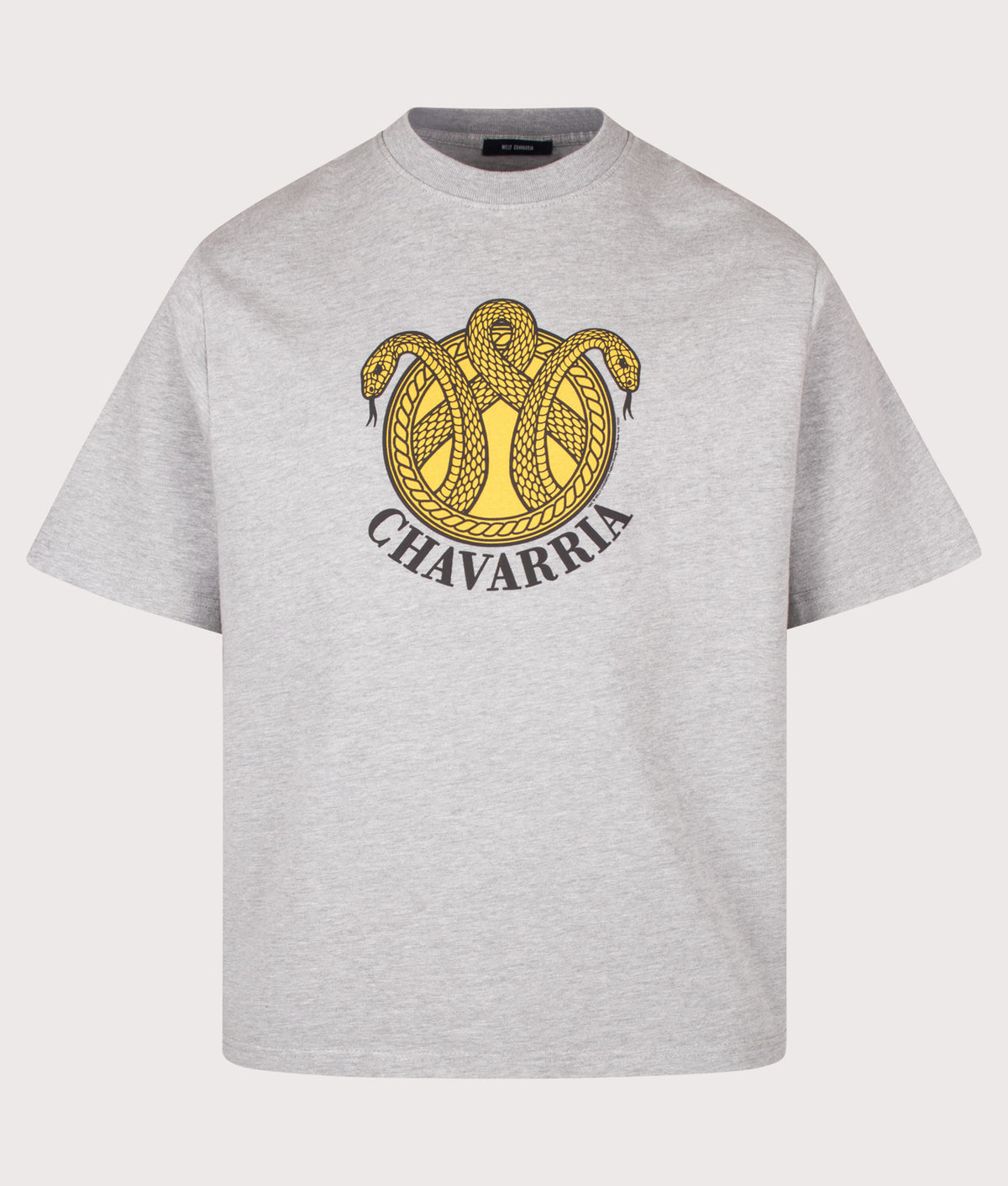 Willy Chavarria Relaxed Fit Chavarria Snake Crest Standard T-Shirt in the Heather Gray at EQVVS Menswear. Front shot.