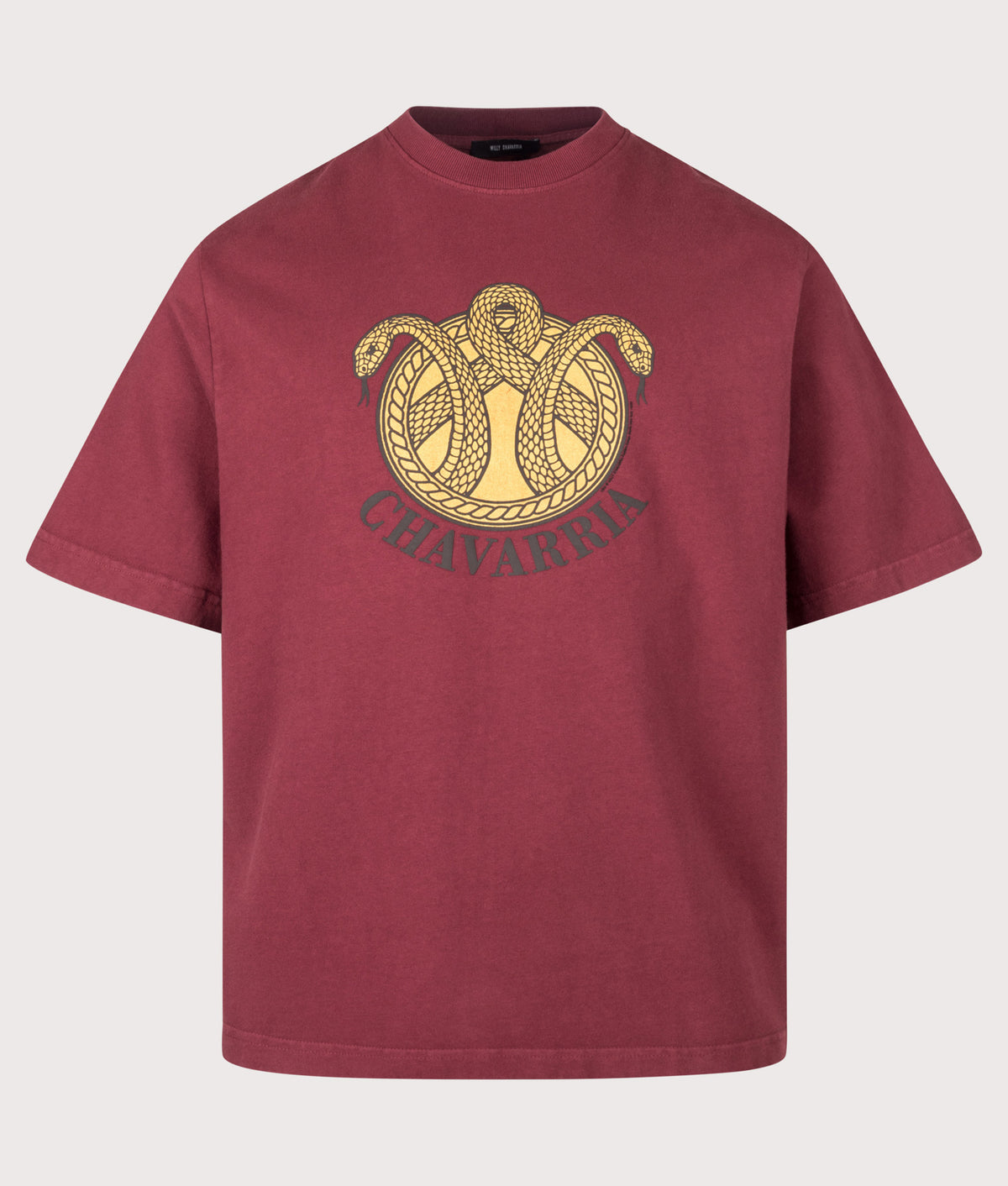 Willy Chavarria Relaxed Fit Chavarria Snake Crest Standard T-Shirt in Bordeaux at EQVVS Menswear. Front shot.