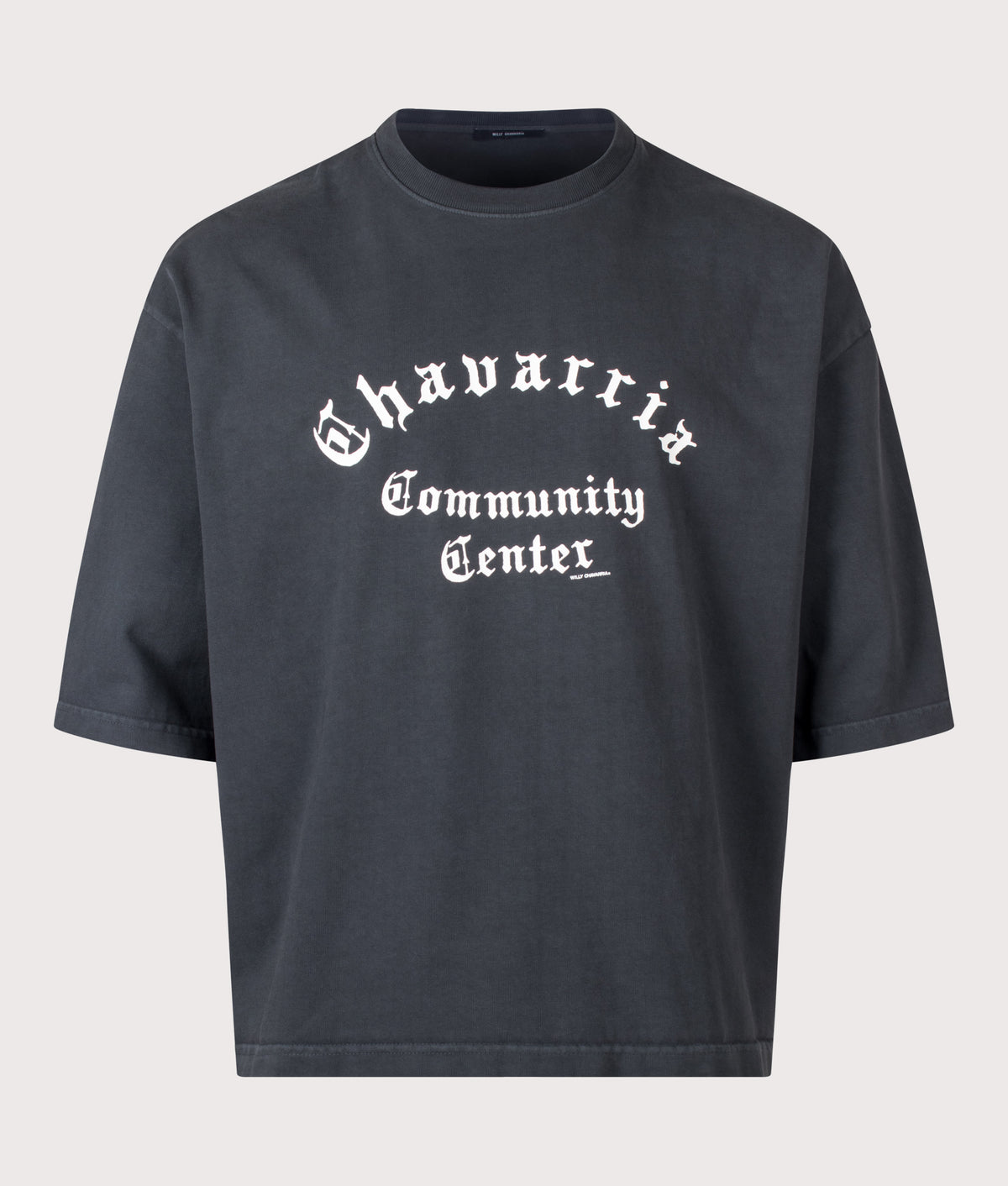 Willy Chavarria Oversized Community Center Buffalo T-Shirt in Pirate Black at EQVVS Menswear. Front shot.