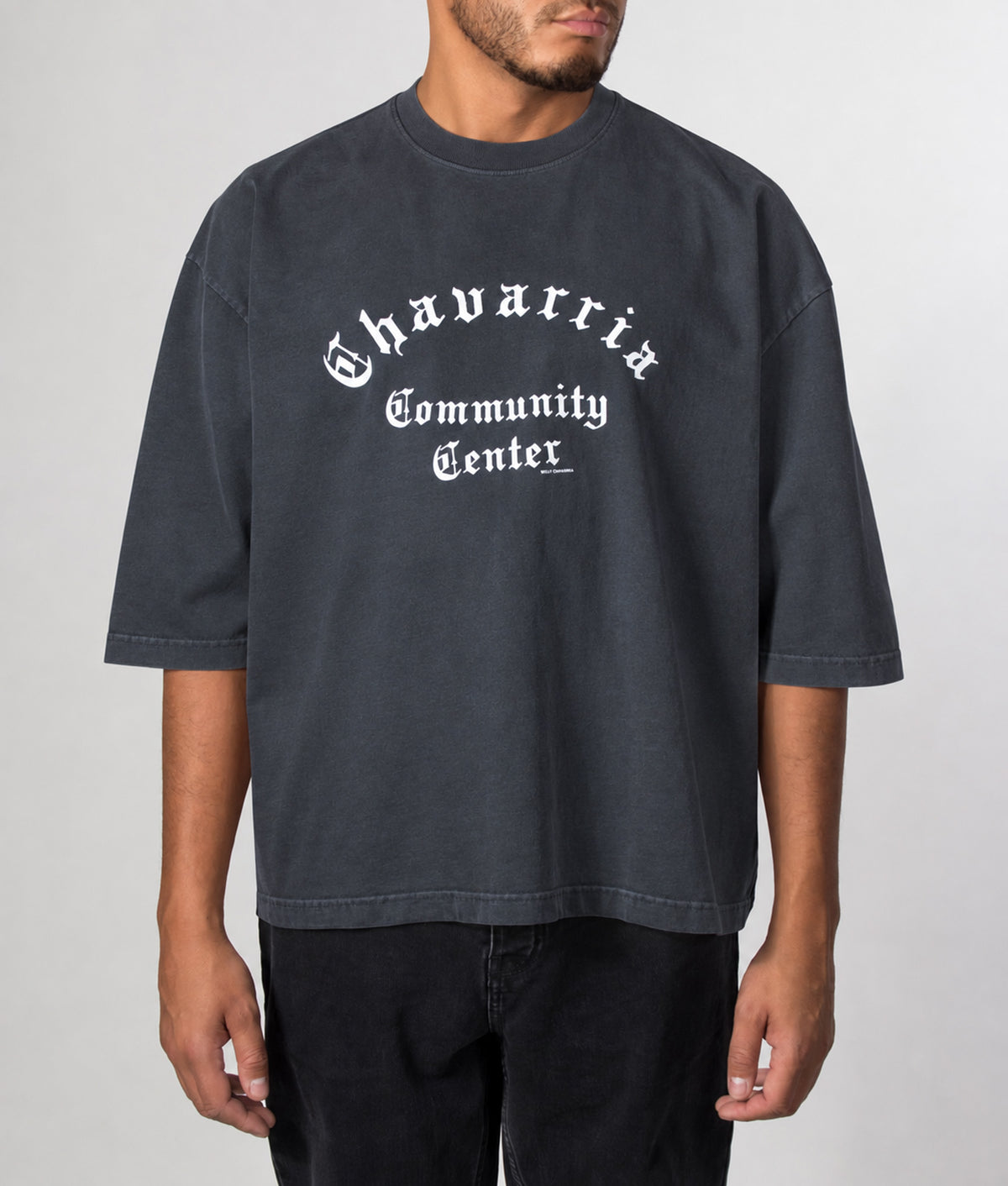 Willy Chavarria Oversized Community Center Buffalo T-Shirt in Pirate Black at EQVVS Menswear. Model front shot.