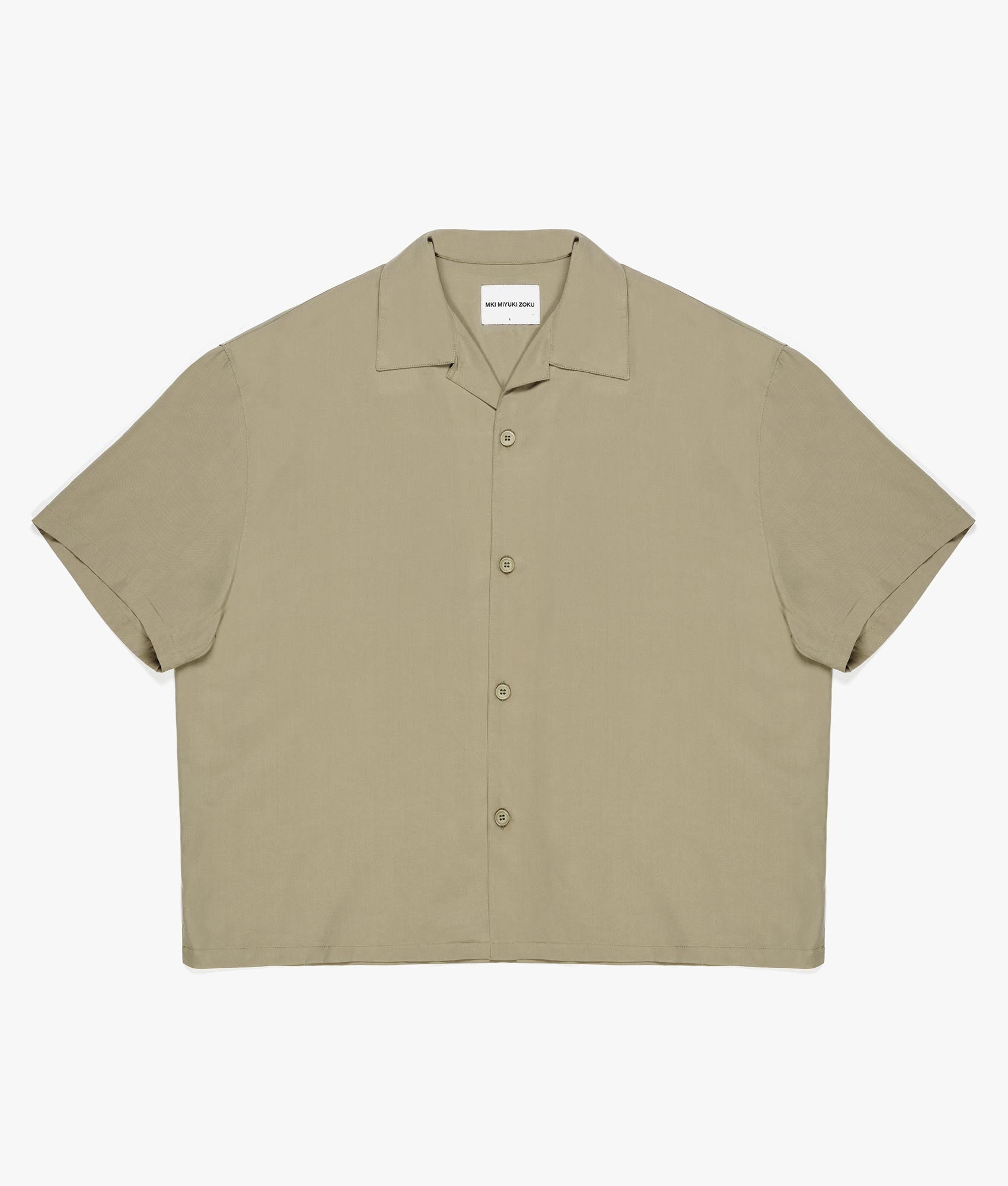 Oversized Tencel Vacation Shirt in Sage Green by MKI MIYUKI ZOKU. EQVVS Front Flat Shot. 