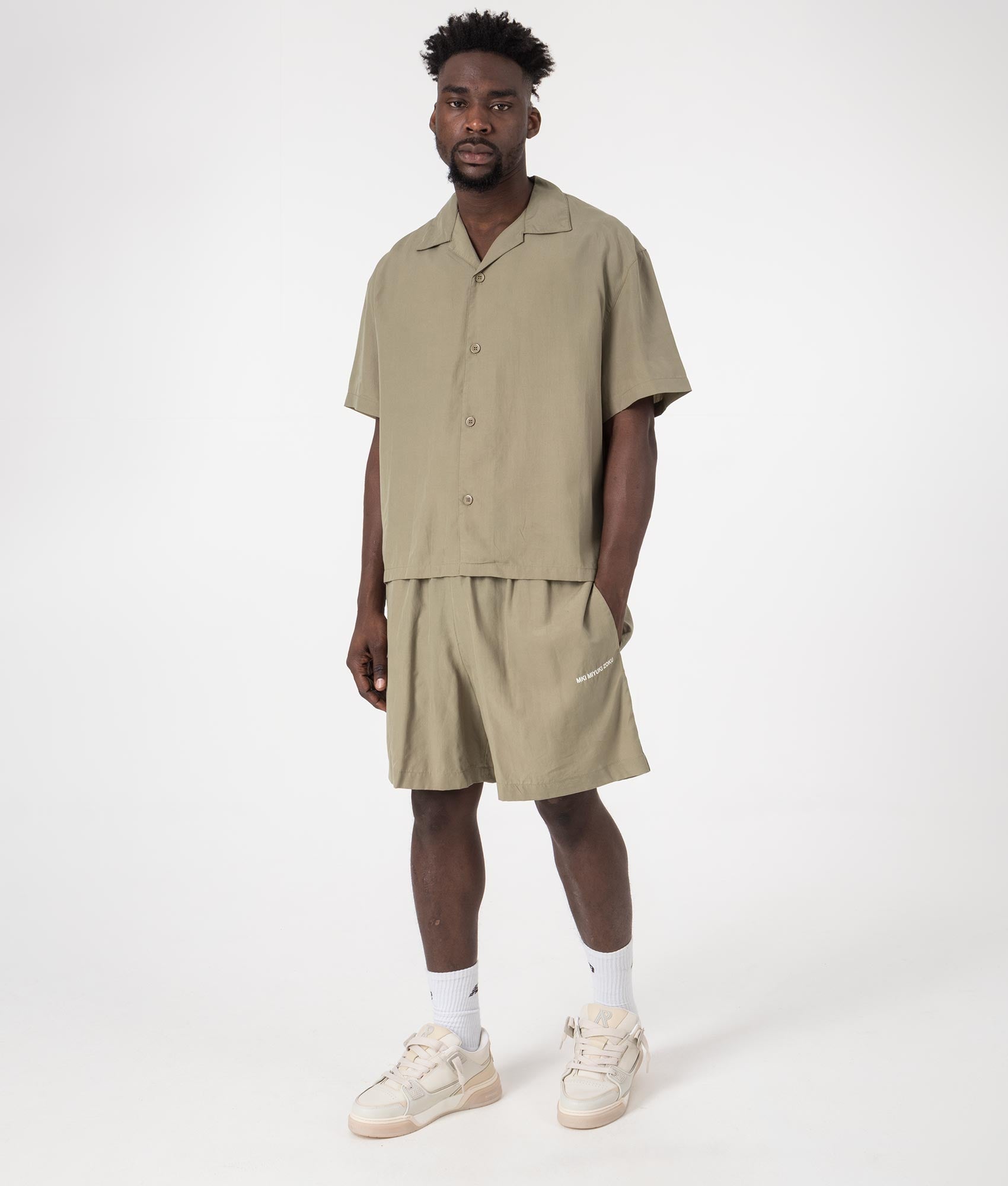 MKI Oversized Tencel Vacation Shirt in Sage Green. Full front angle model shot at EQVVS.