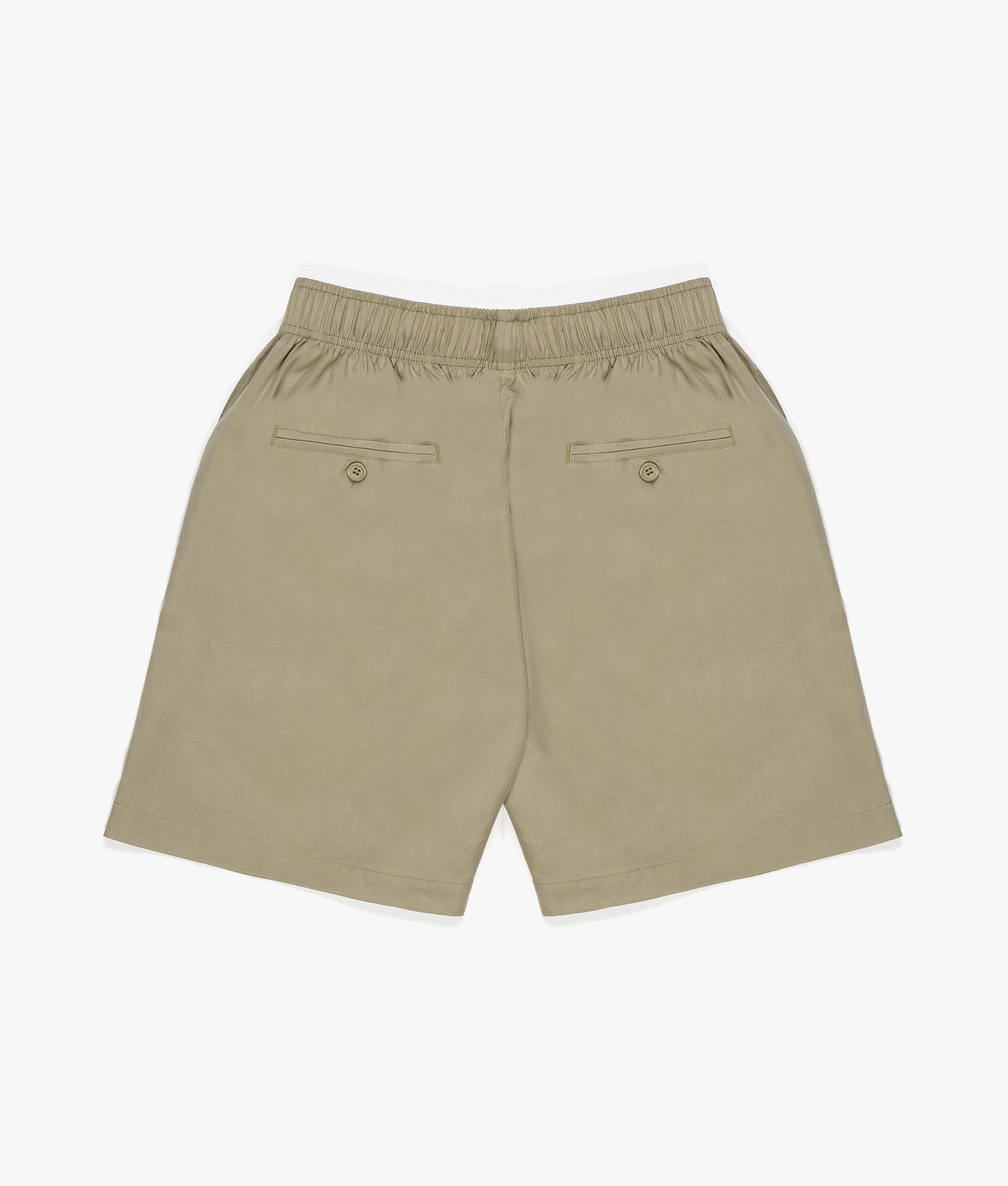 Relaxed Fit Tencel Shorts in Sage Green by MKI MIYUKI ZOKU. EQVVS Back Flat Shot.