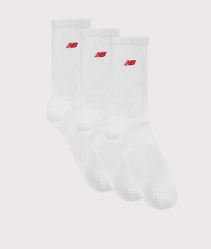 NB Patch Logo 3 Pack Crew Socks in White by New Balance. EQVVS Flat shot.