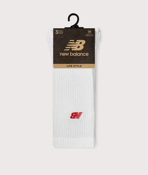 NB Patch Logo 3 Pack Crew Socks in White by New Balance. EQVVS Flat shot.