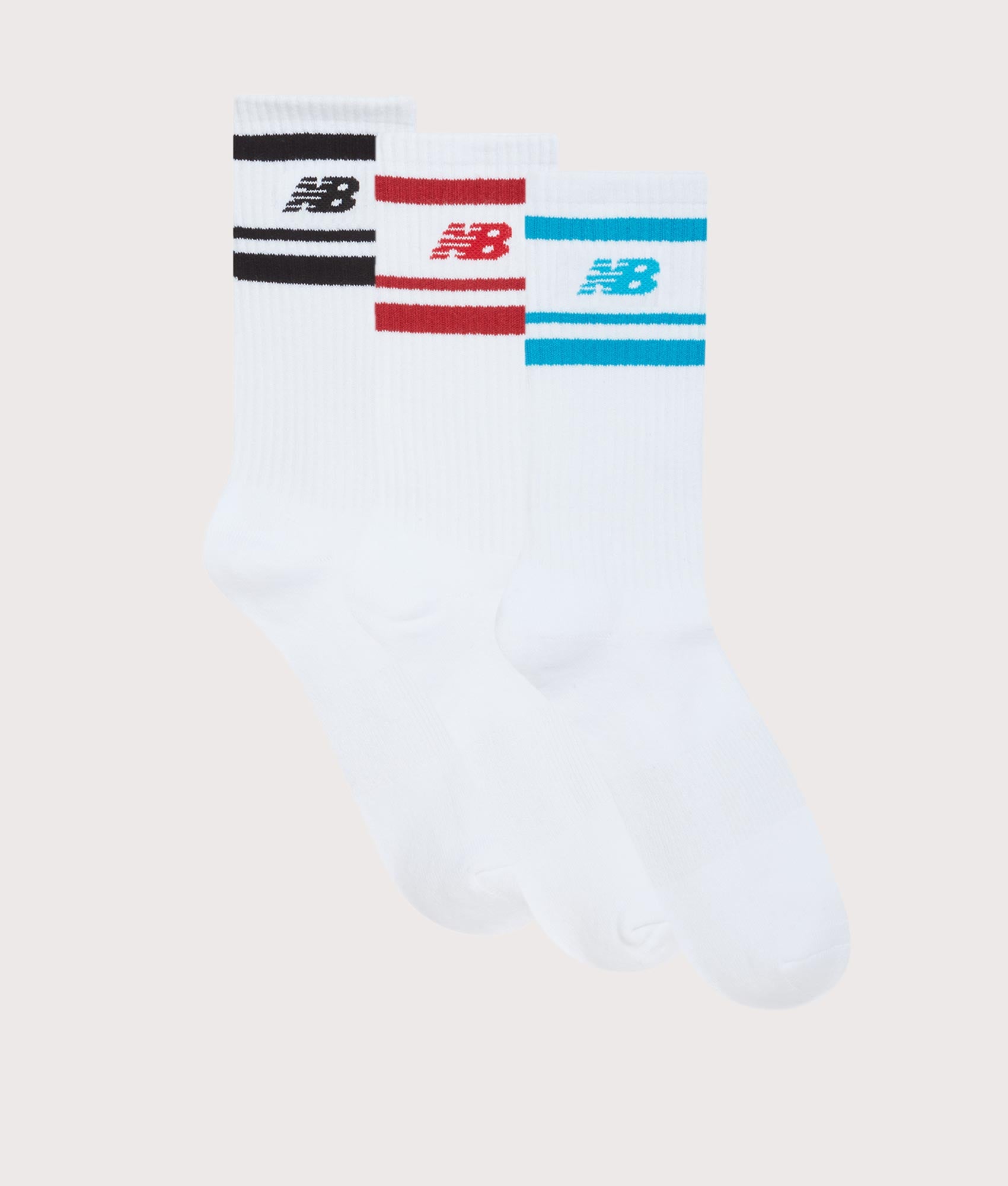 NB In-Stripe Logo Crew Socks in White by New Balance. EQVVS Flat Shot.
