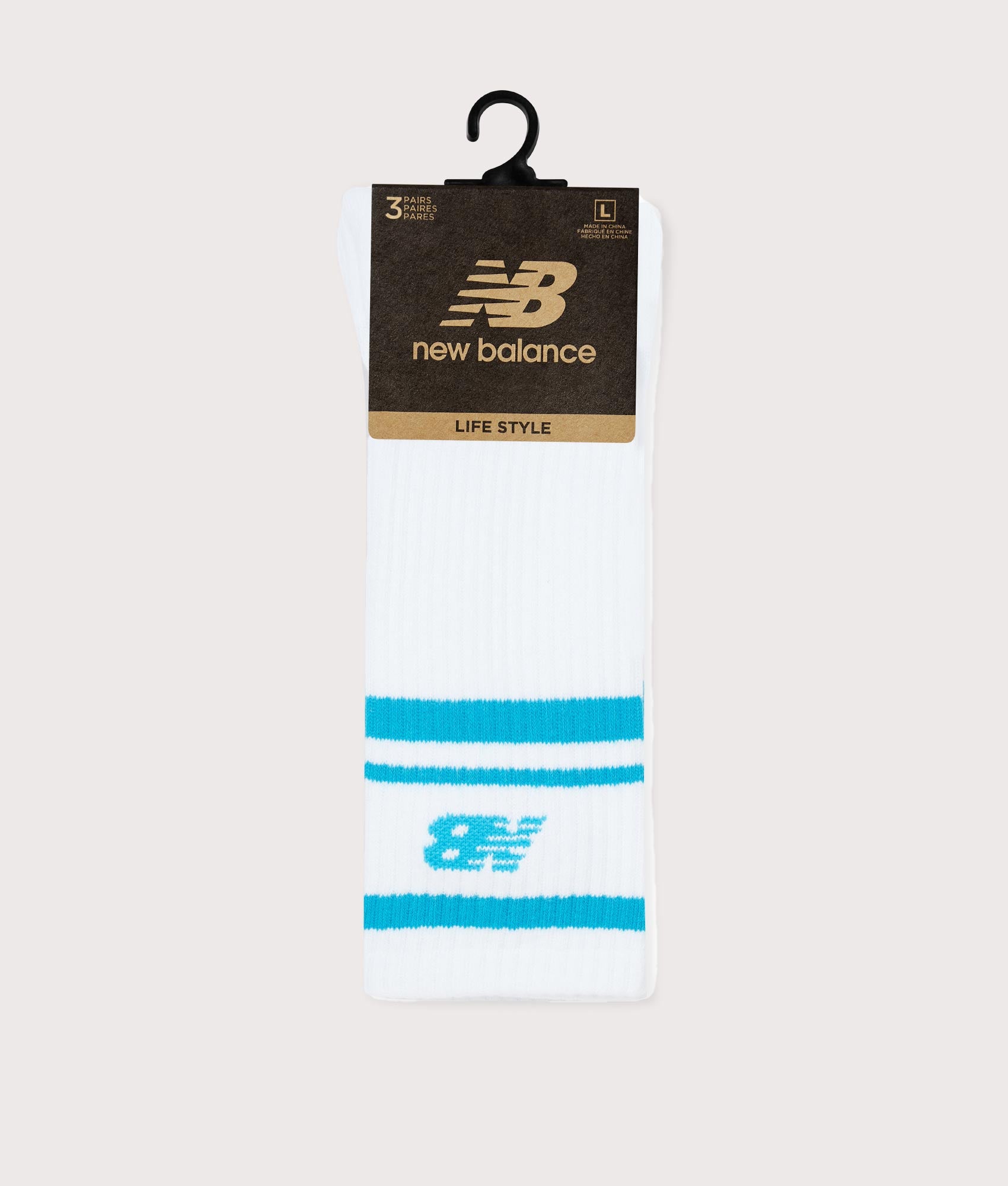NB In-Stripe Logo Crew Socks in White by New Balance. EQVVS Flat Shot.