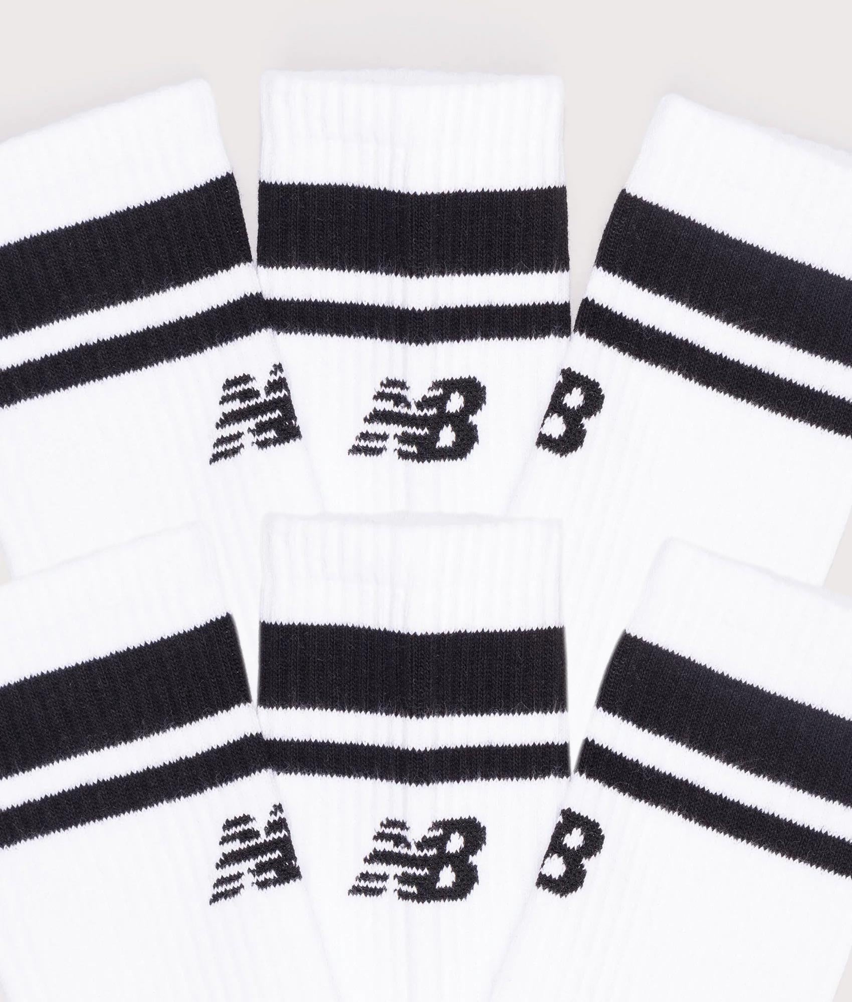 New Balance 6 Pack Essentials Stripe Midcalf Socks in white and black. EQVVS Detail shot.