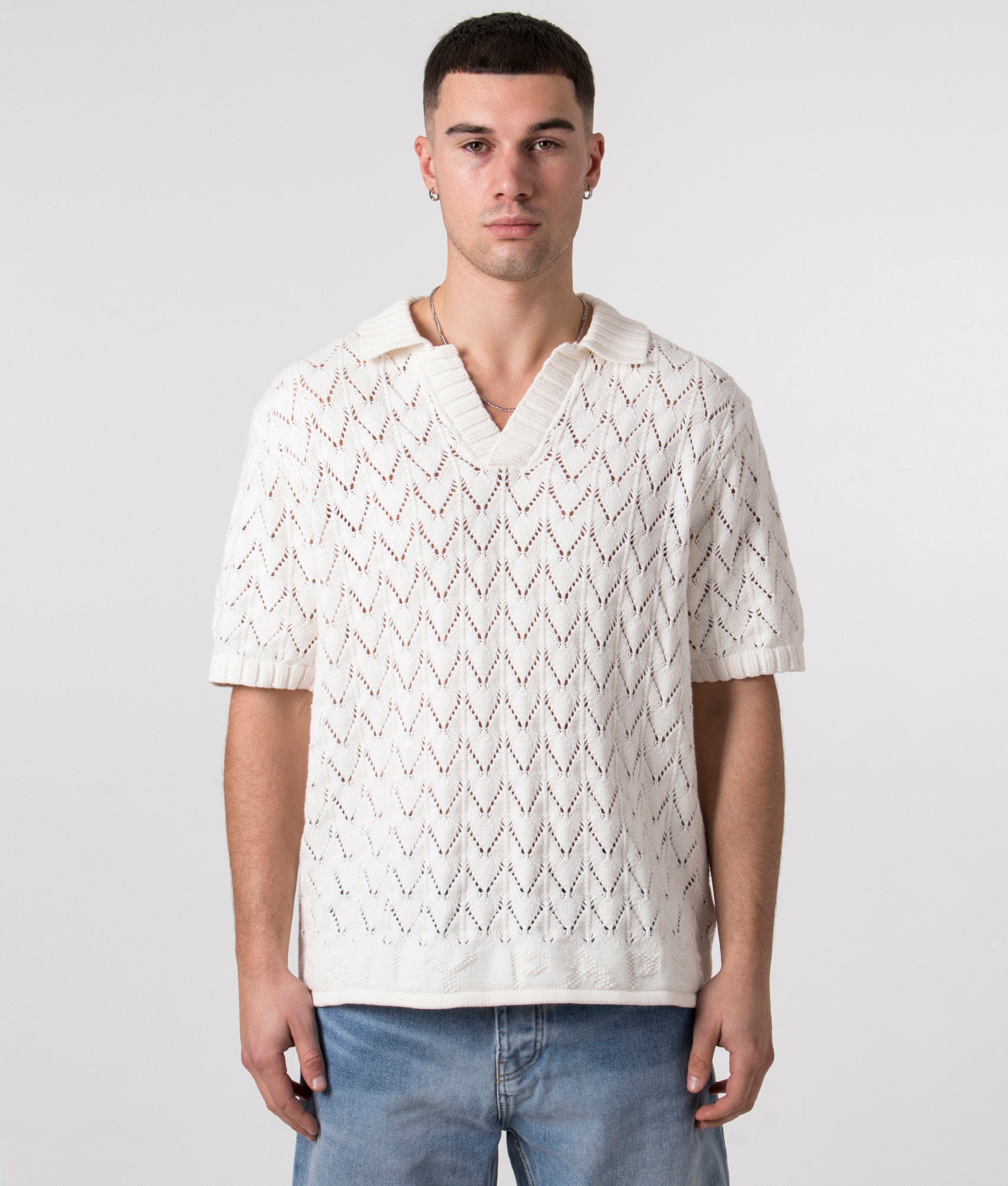 Daily Paper Relaxed Fit Yinka Knit Polo Shirt in White Front Shot at EQVVS