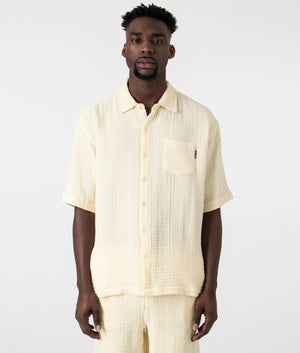 Daily Paper Enzi Seersucker Short Sleeve Shirt in Icing Yellow, 100% Cotton Front Shot at EQVVS