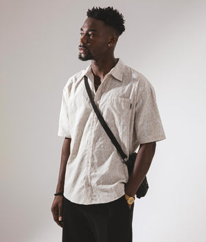 Daily Paper Zuri Macrame Jacquard Relaxed Short Sleeve Shirt in Moonstruck Beige Campaign Shot at EQVVS