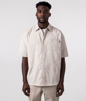 Daily Paper Zuri Macrame Jacquard Relaxed Short Sleeve Shirt in Moonstruck Beige Front Shot at EQVVS
