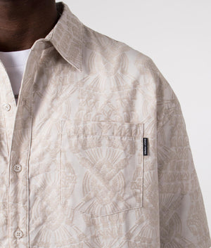 Daily Paper Zuri Macrame Jacquard Relaxed Short Sleeve Shirt in Moonstruck Beige Detail Shot at EQVVS