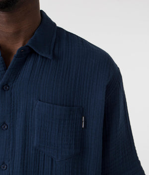 Daily Paper Enzi Seersucker Shirt in Pageant Blue, 100% Cotton Detail Shot at EQVVS