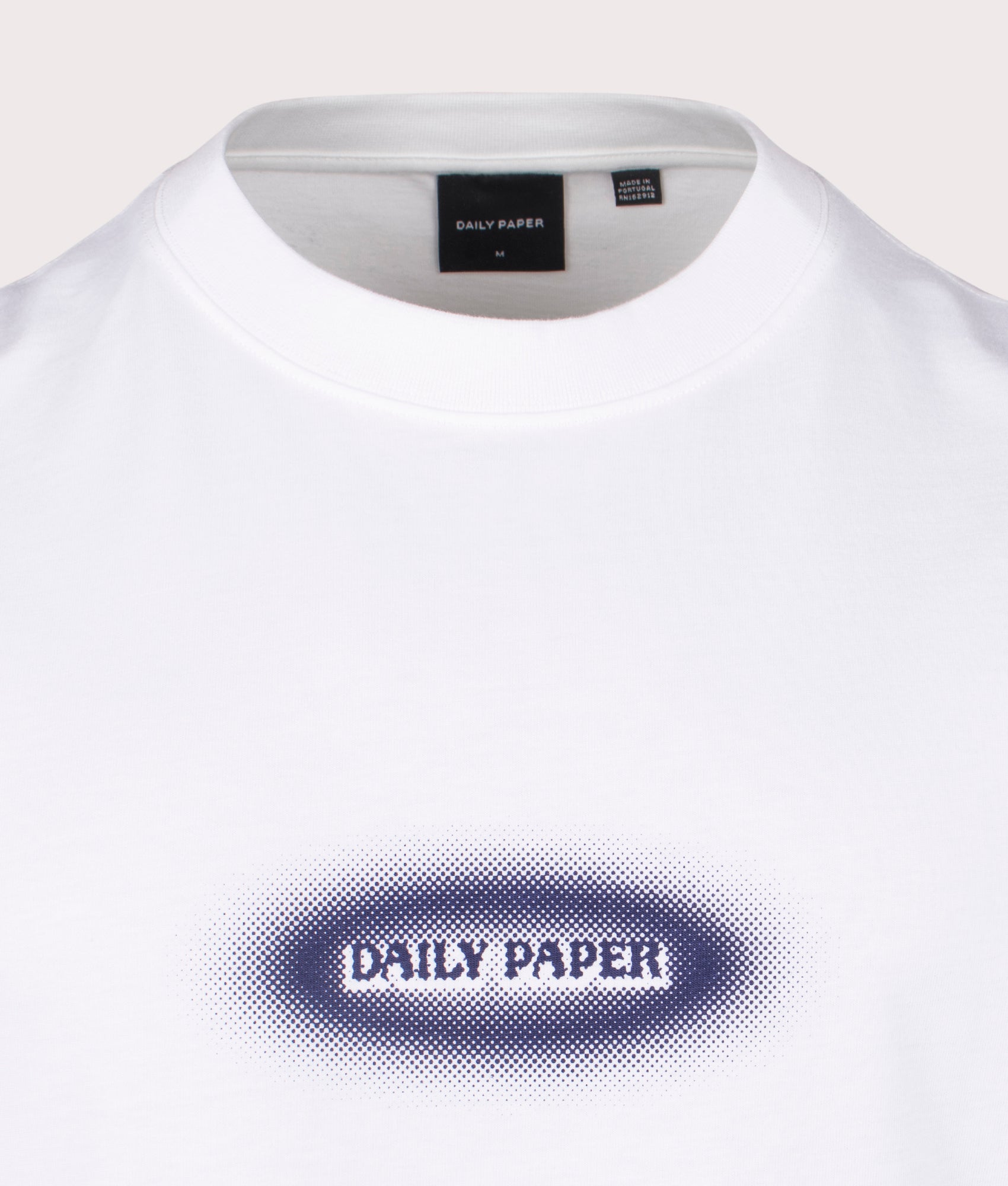 Daily Paper White Dotted Logo T-Shirt, shot at EQVVS. Detail shot.