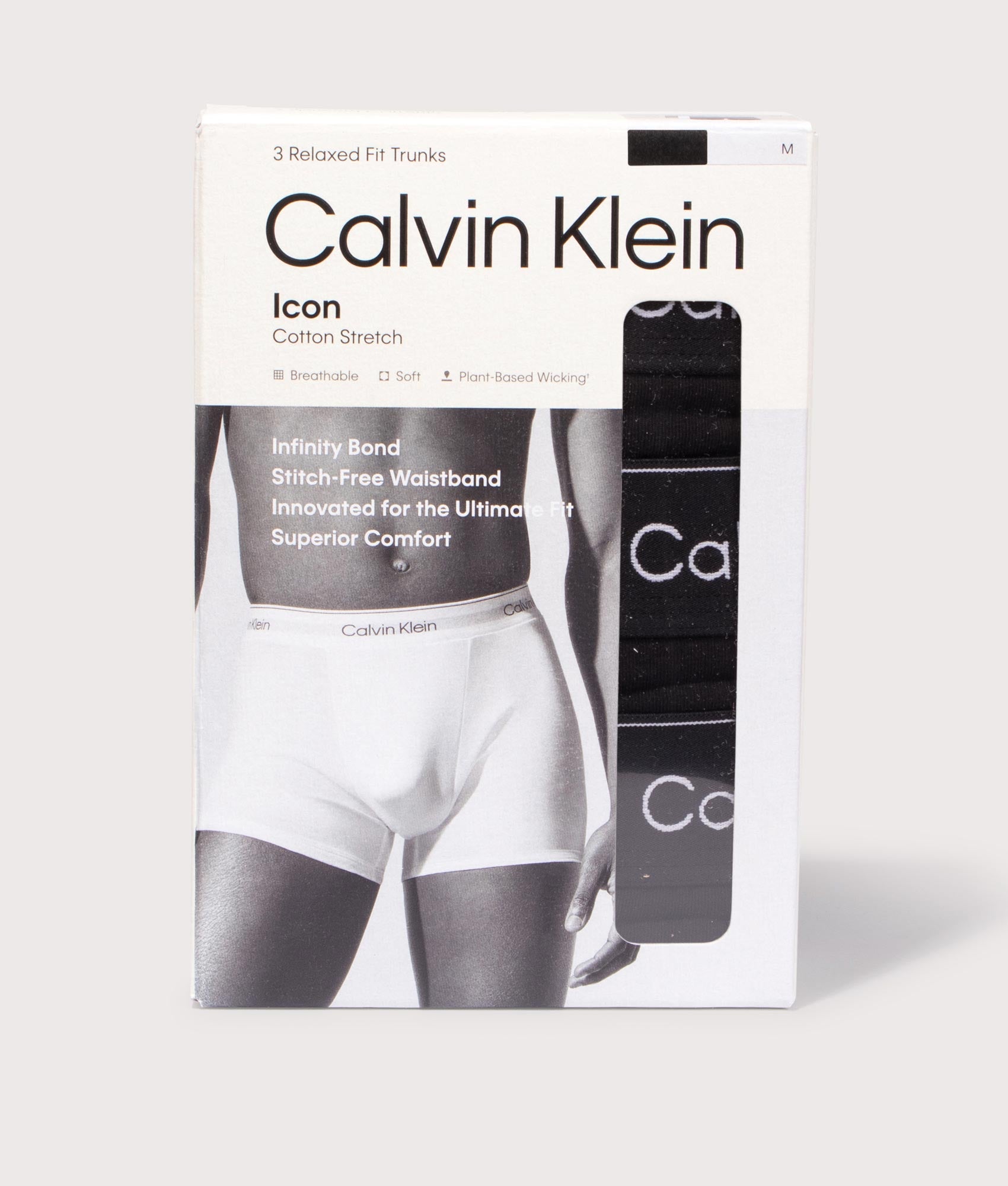 Calvin Klein 3 Pack Relaxed Fit Trunks in Black. Packaging shot.