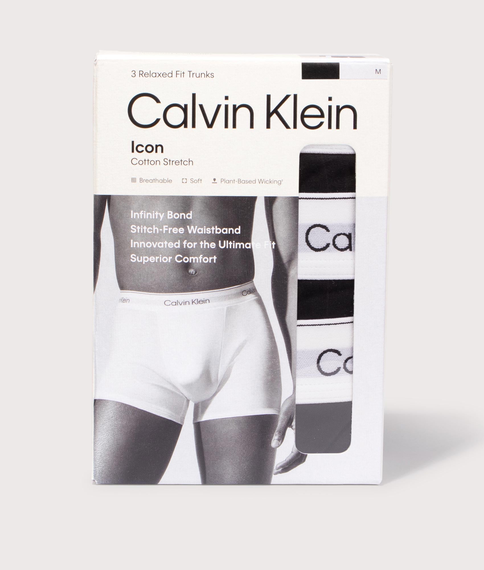 Calvin Klein 3 Pack Relaxed Fit Trunks in Black at EQVVS Menswear. Box shot. 
