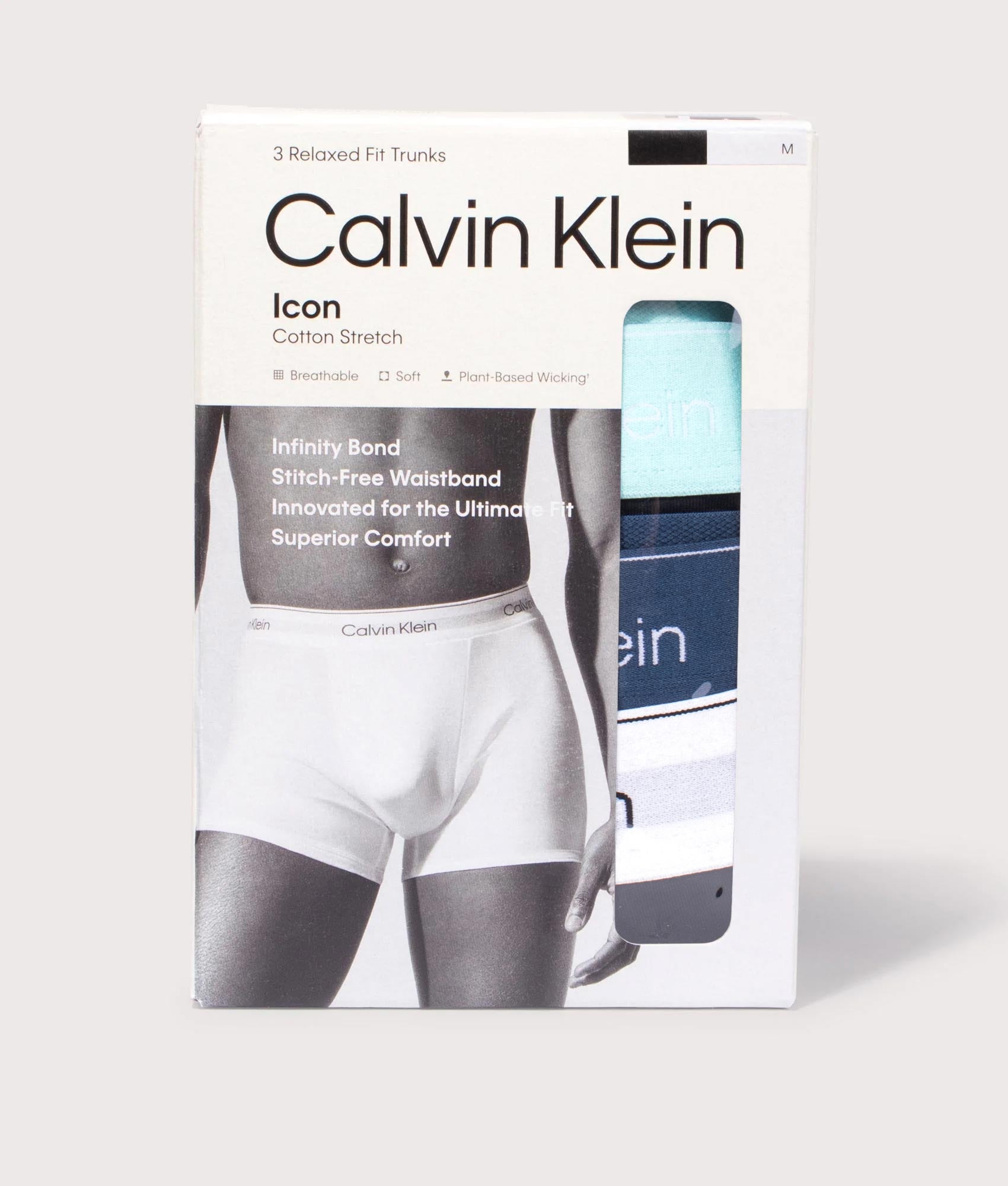 3 Pack Relaxed Fit Trunks in Black Body/Tahiti Turquoise/Dark Blue/Grey | Calvin Klein | EQVVS | Box shot 