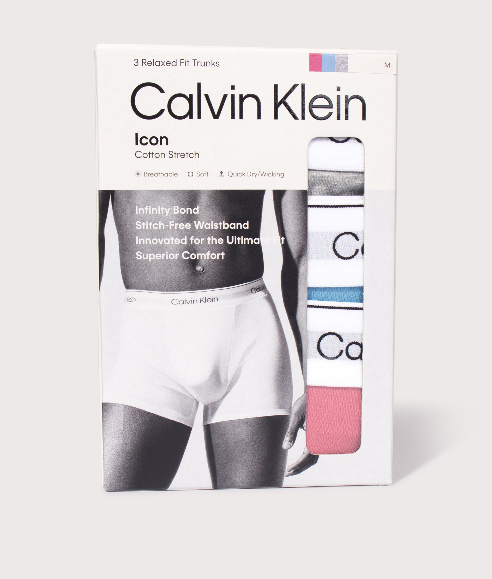 Calvin Klein 3 Pack Relaxed Fit Trunks in Brilliant Pink, Gulf Blue and Grey Heath. Box shot.