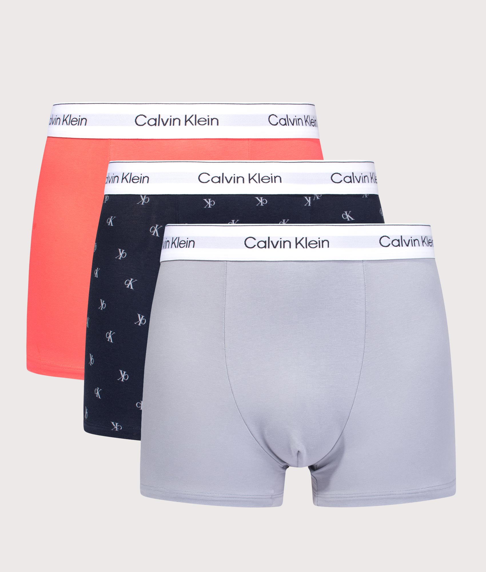 3 Pack Relaxed Fit Trunks in Misty Grey/Diamond Logo Shoreline/P by Calvin Klein. Shot by EQVVS. Front shot.