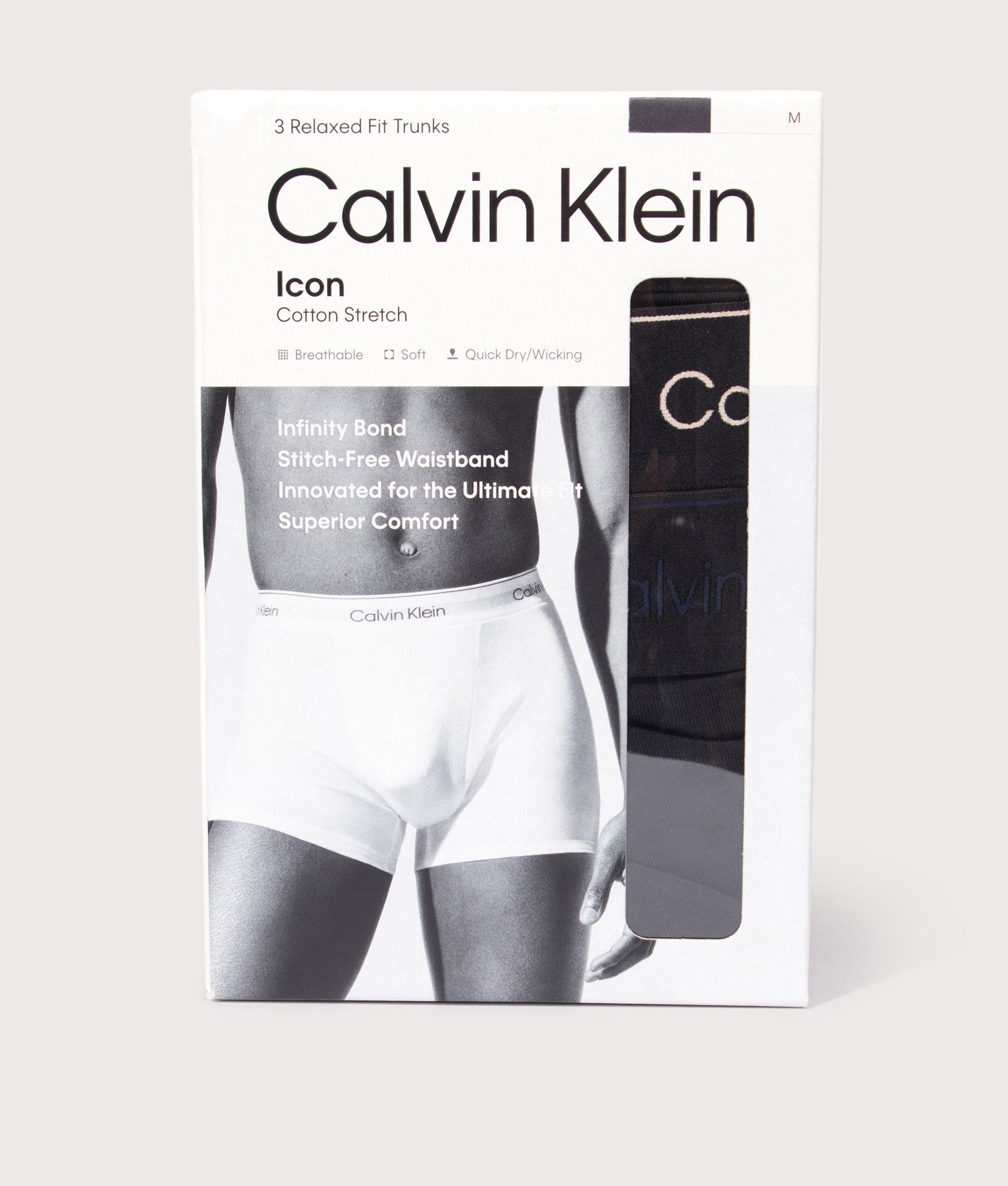 Calvin Klein 3 Pack Relaxed Fit Trunks in Black at EQVVS Menswear. Box shot.