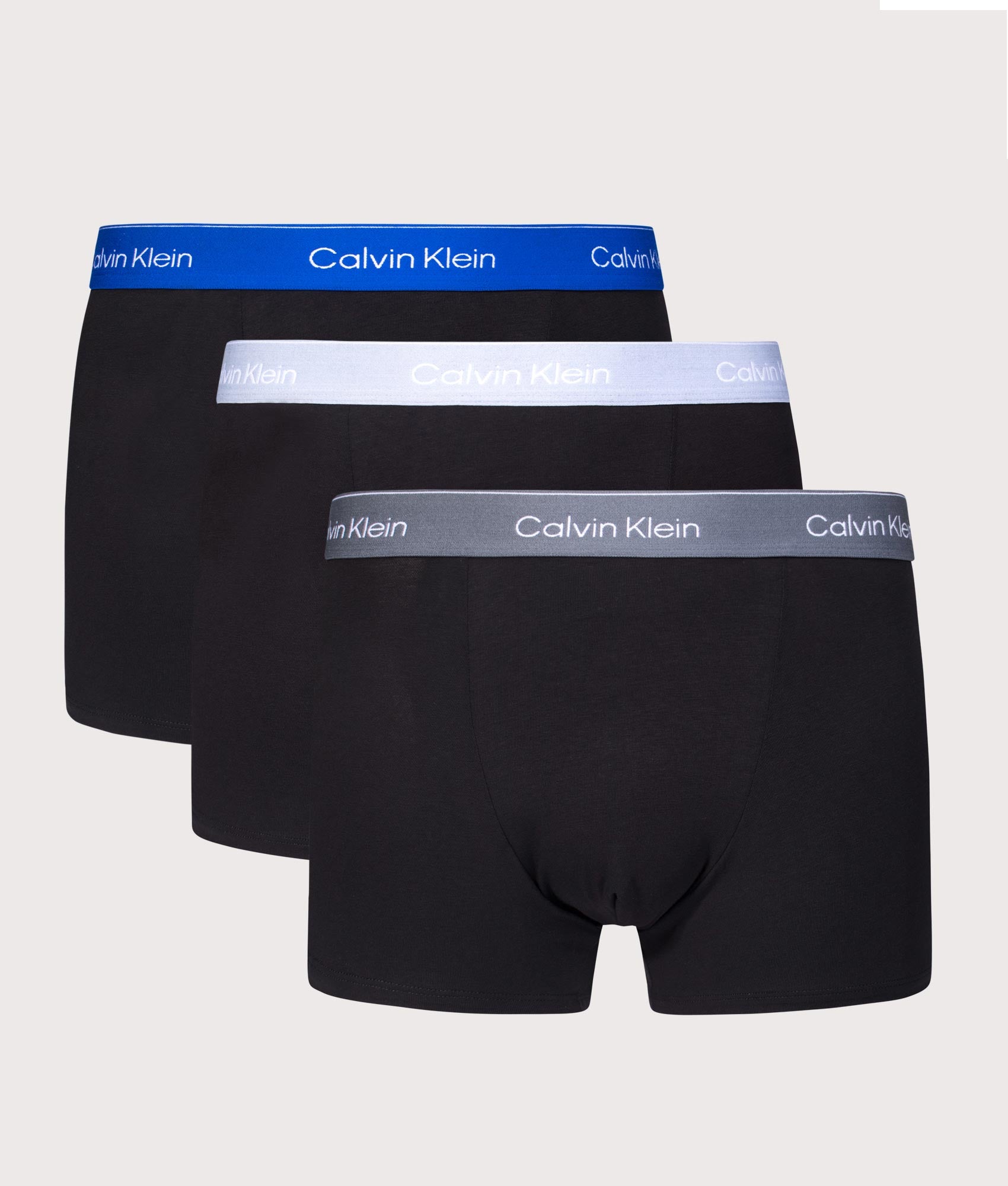 3 Pack Relaxed Fit Trunks in Black Body/Royalty/Casual/Grey | Calvin Klein | EQVVS | Front shot 