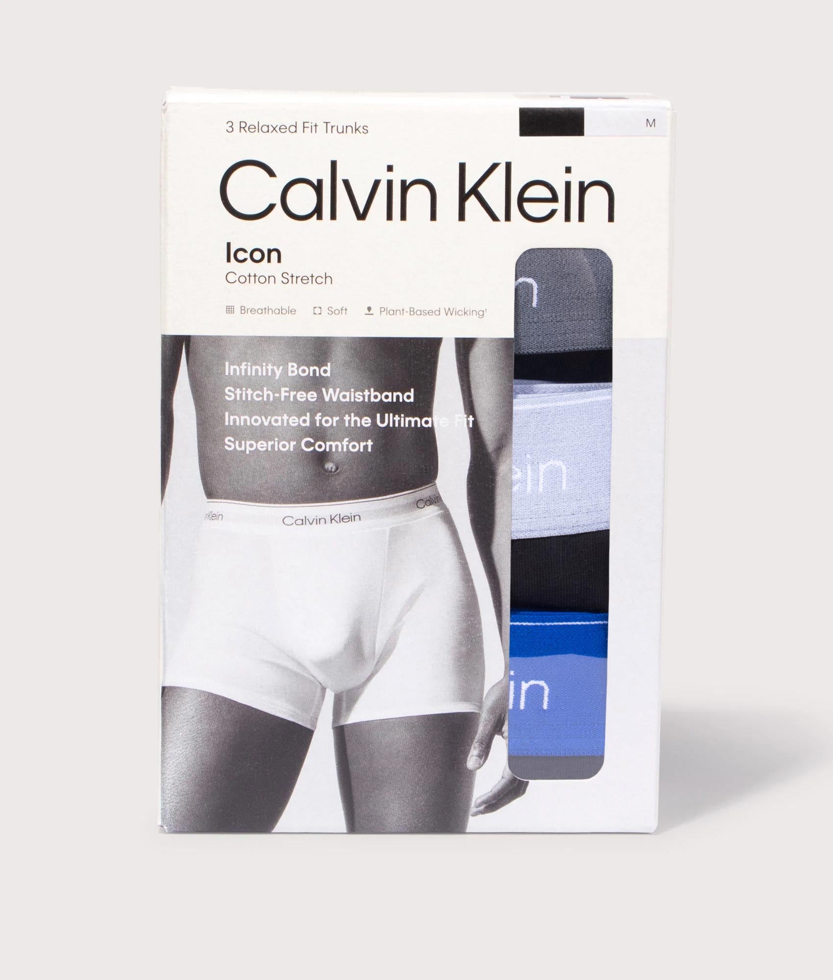 3 Pack Relaxed Fit Trunks in Black Body/Royalty/Casual/Grey | Calvin Klein | EQVVS | Box shot 