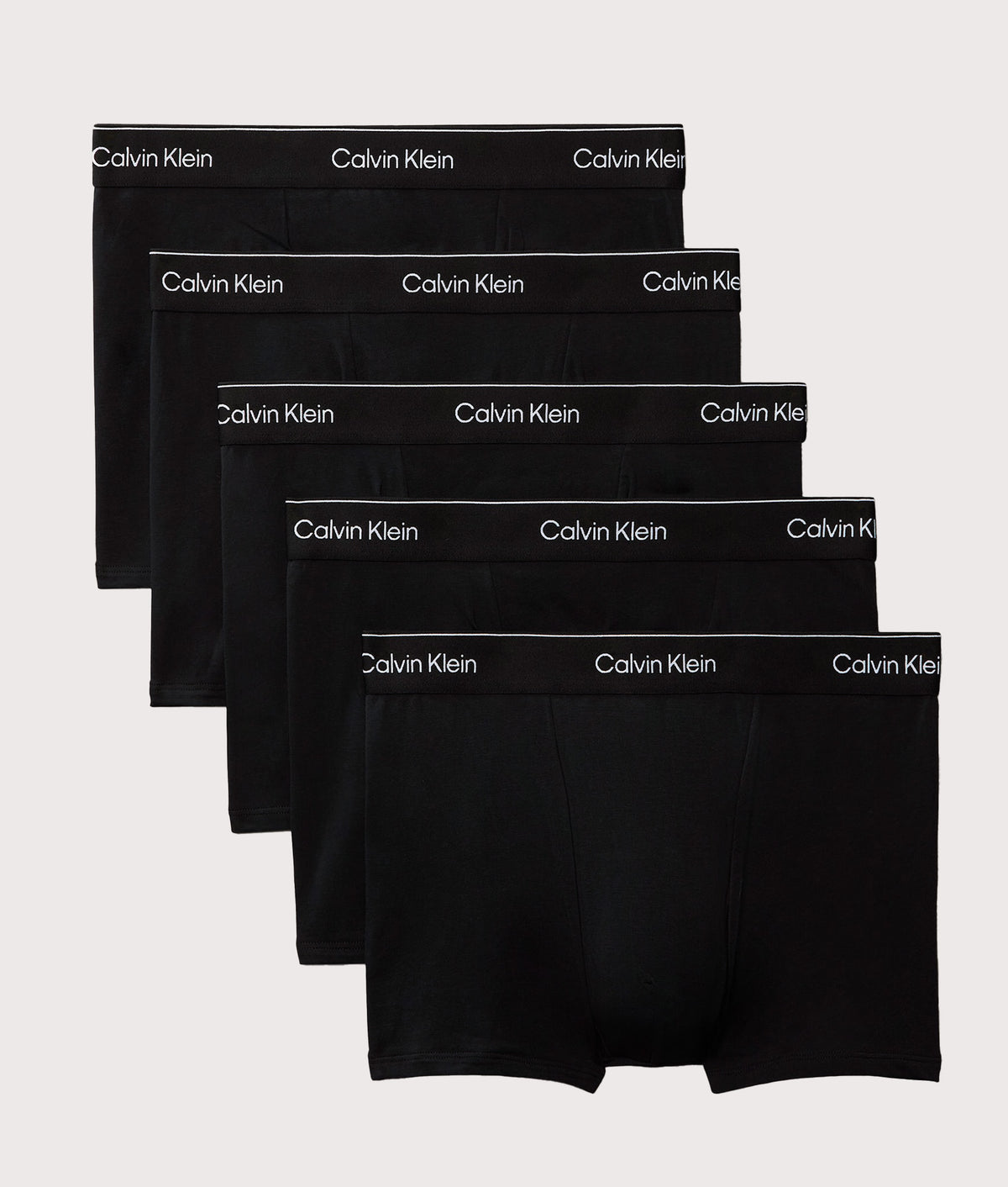 Calvin Klein 5 Pack Relaxed Fit Trunks in Black at EQVVS Menswear. Front shot.