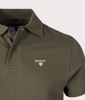 Barbour Lifestyle Tartan Pique Polo Shirt in Dark Olive with Tartan Finish Detail Shot at EQVVS