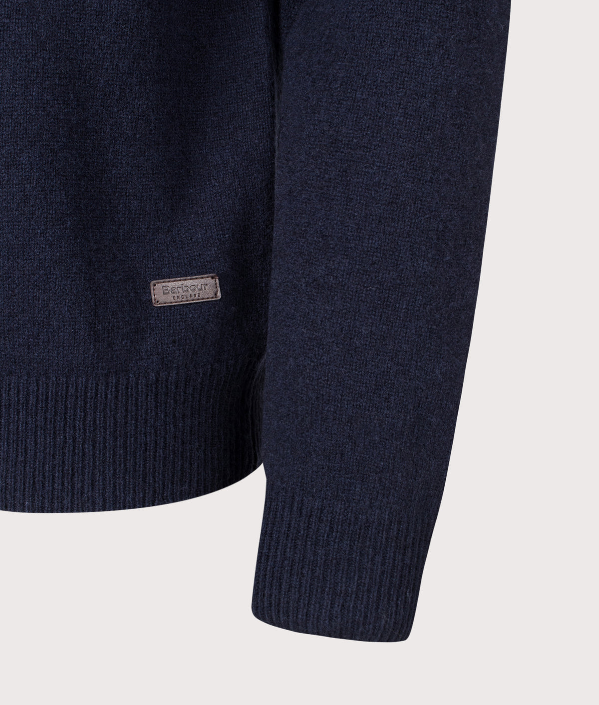 Barbour Lifestyle Essential Patch Quarter Zip Knitted Jumper in Navy at EQVVS Menswear. Detail shot.