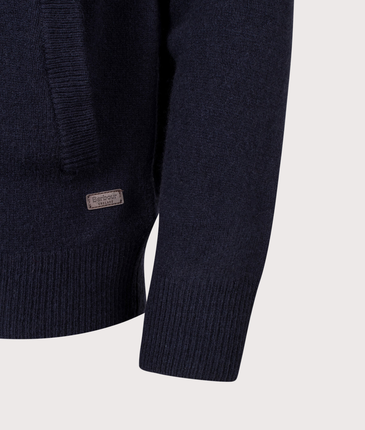 Barbour Lifestyle Essential Patch Zip Through Knitted Jumper in Navy at EQVVS Menswear. Detail shot.