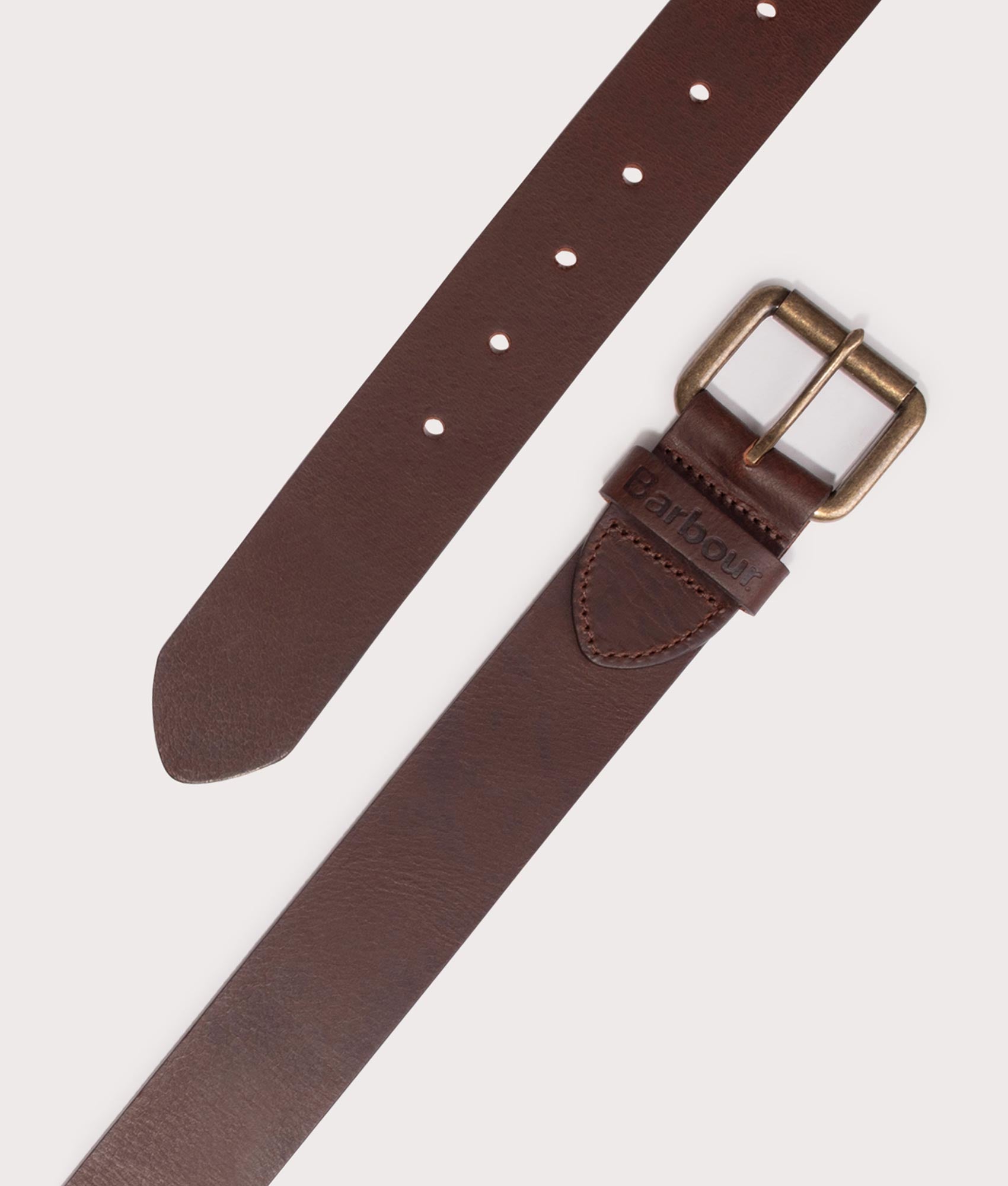Barbour Allanton Leather Belt in Brown at EQVVS Menswear. Unrolled shot.